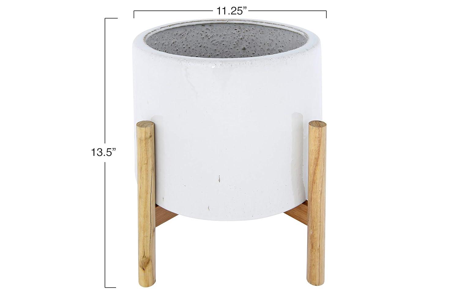 Creative Co-Op Round Stoneware Planter on Wood Holder (Set of 2 Pieces/Holds 10" Pot)