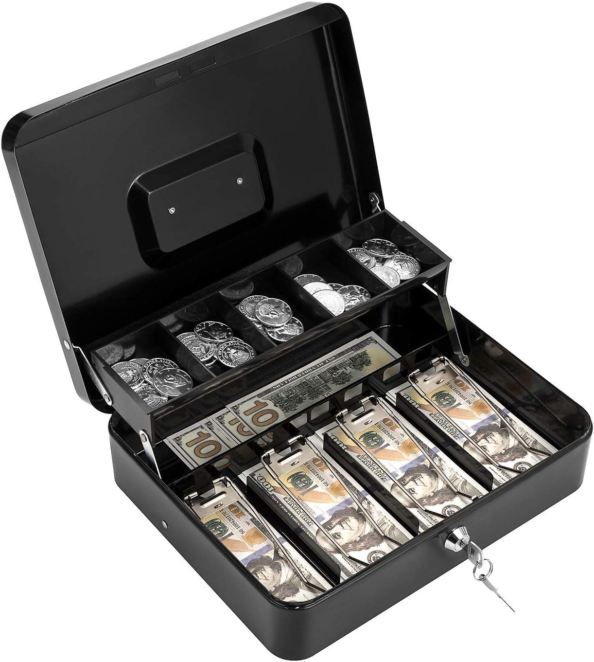 Black Metal Cash Box with Key Lock and Money Tray 11.8" x 9.4" x 3.54"