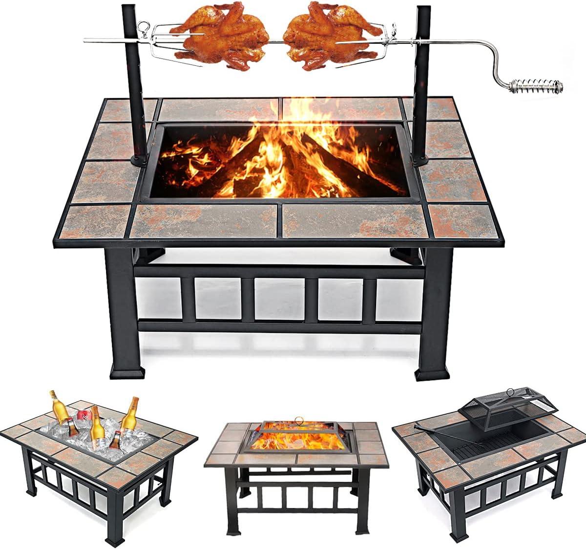 SINGLYFIRE 37 Inch Large Fire Pit with Ceramic Table & BBQ Grill for Backyard Garden