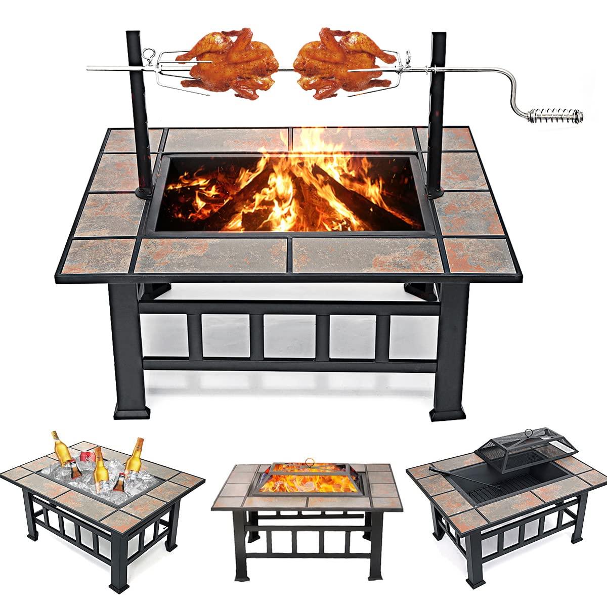 SINGLYFIRE 37 Inch Large Fire Pit with Ceramic Table & BBQ Grill for Backyard Garden