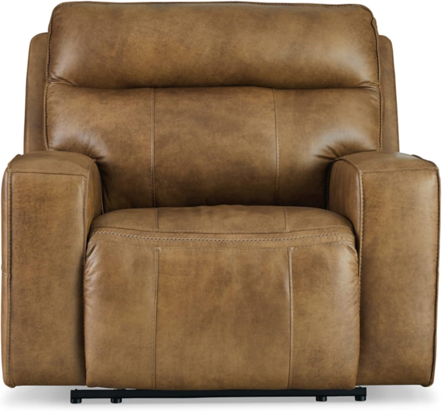 Ashley Furniture Game Plan Wide Seat Leather Power Recliner in Caramel