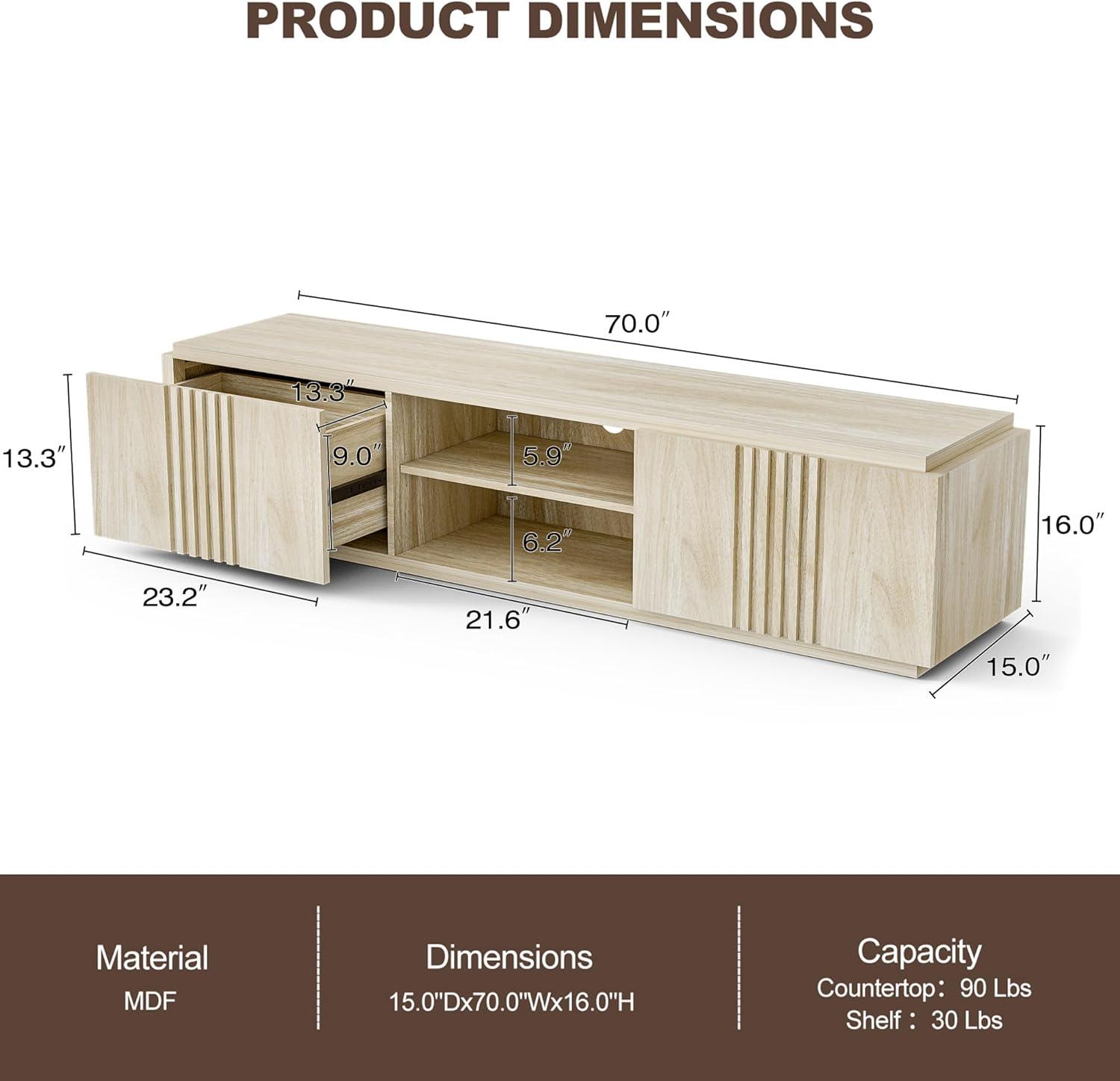 White Lotus 70" Wood TV Stand with Cabinet and Shelves