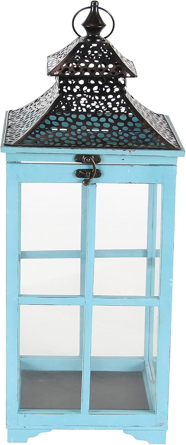 Coastal Blue Wood & Glass Hanging Candle Lantern Set