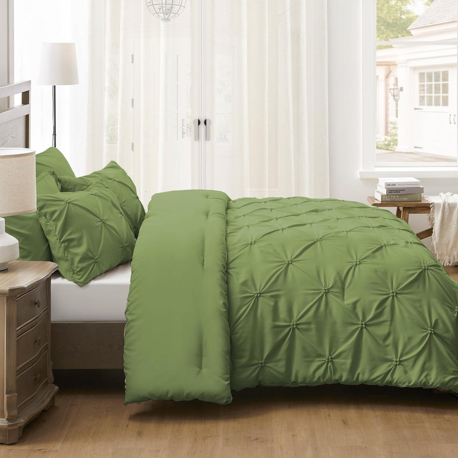 Peace Nest 3-Piece All Season Pinch Pleated Comforter Set, Olive, King