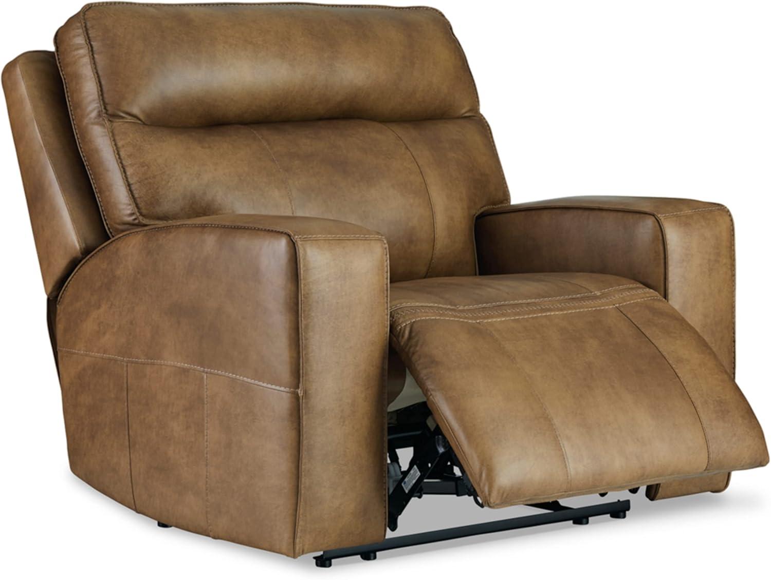 Ashley Furniture Game Plan Wide Seat Leather Power Recliner in Caramel