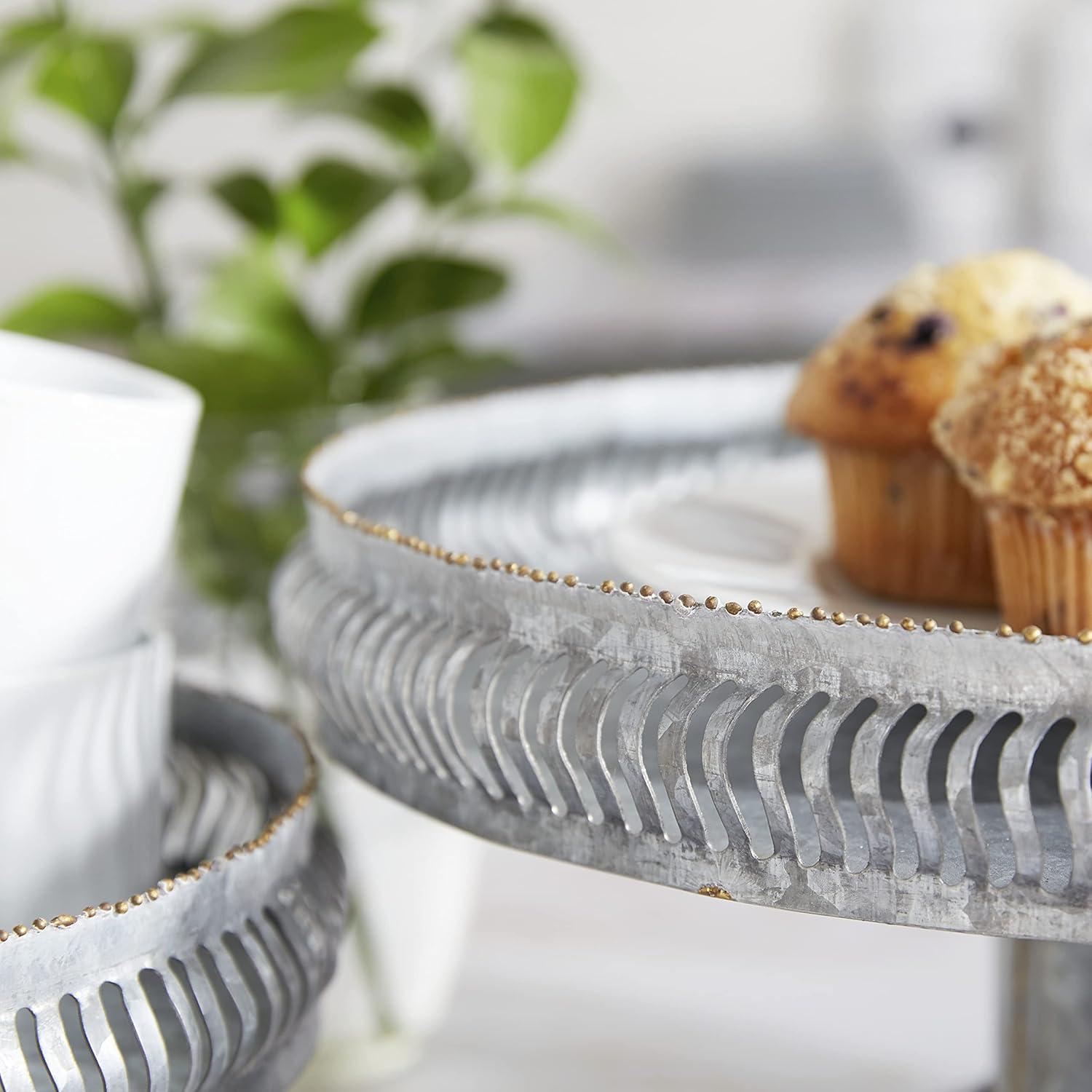 DecMode 12", 16"W Gray Metal Galvanized Cake Stand, 2-Pieces