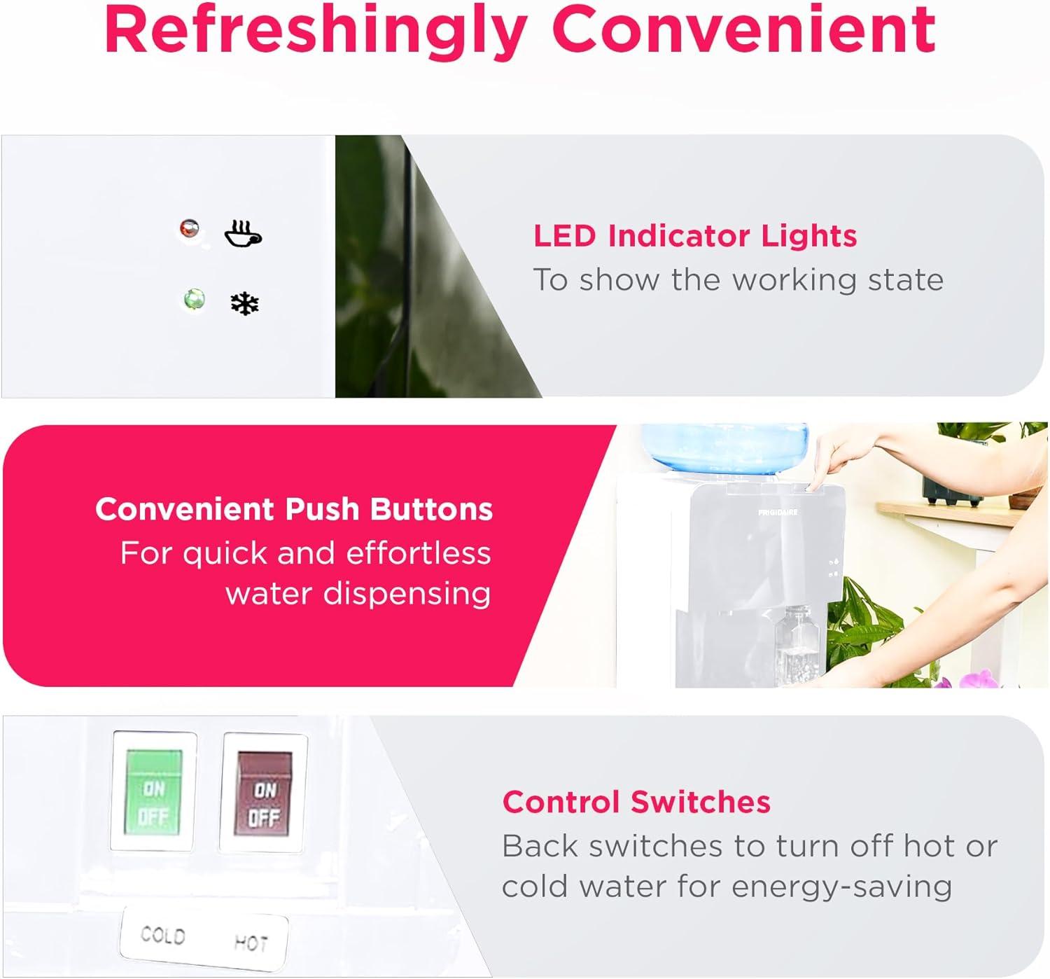Frigidaire Water Cooler White: Freestanding Electric Dispenser, 5 Gallon Capacity, Hot & Cold, Safety Switch