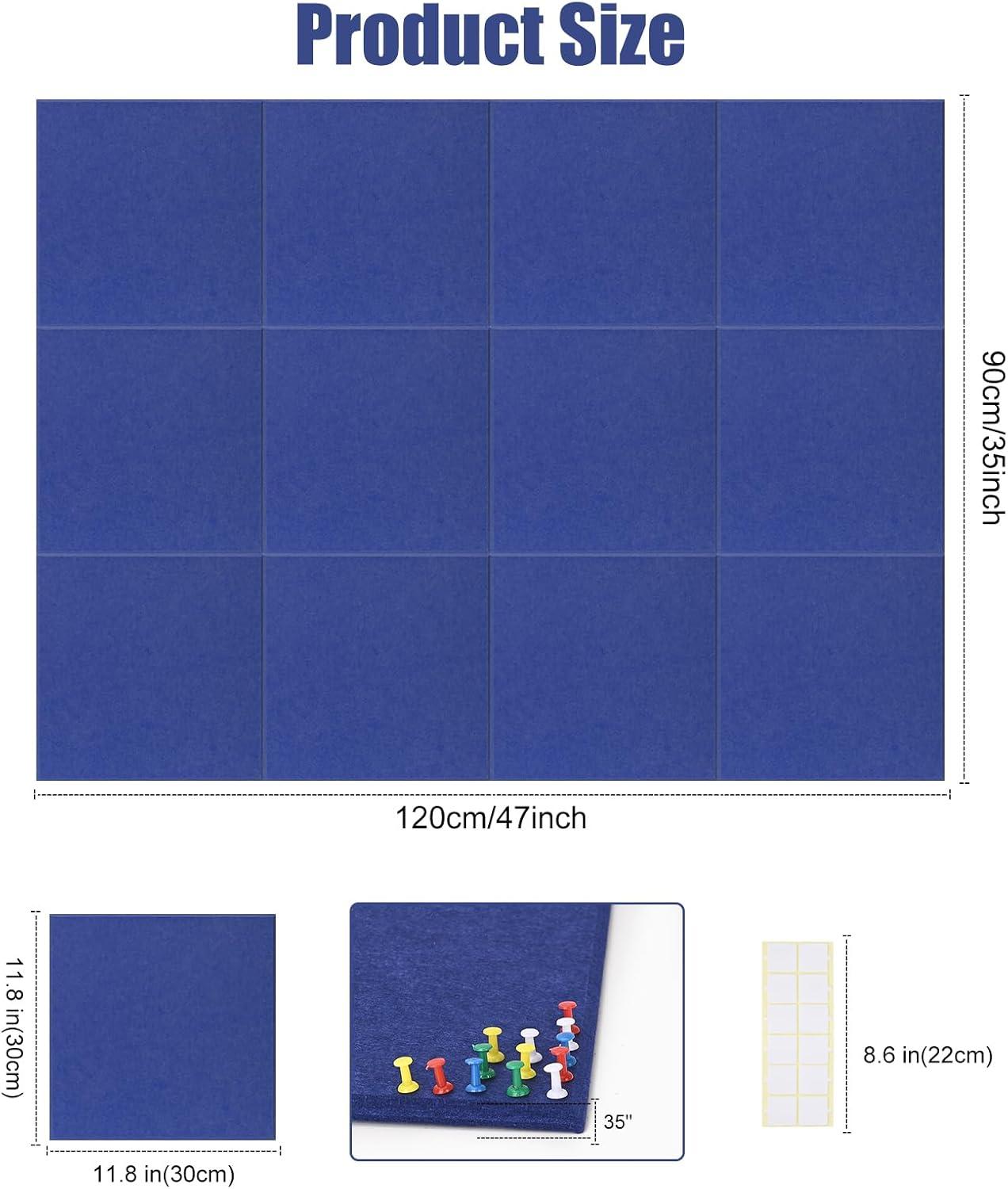Large Cork Board Alternative 48" x 36", Black Bulletin Board, 12 Pack Felt Wall Tiles With 50 Pushpins, Pin Board Tack Board for Office (Dark Blue)