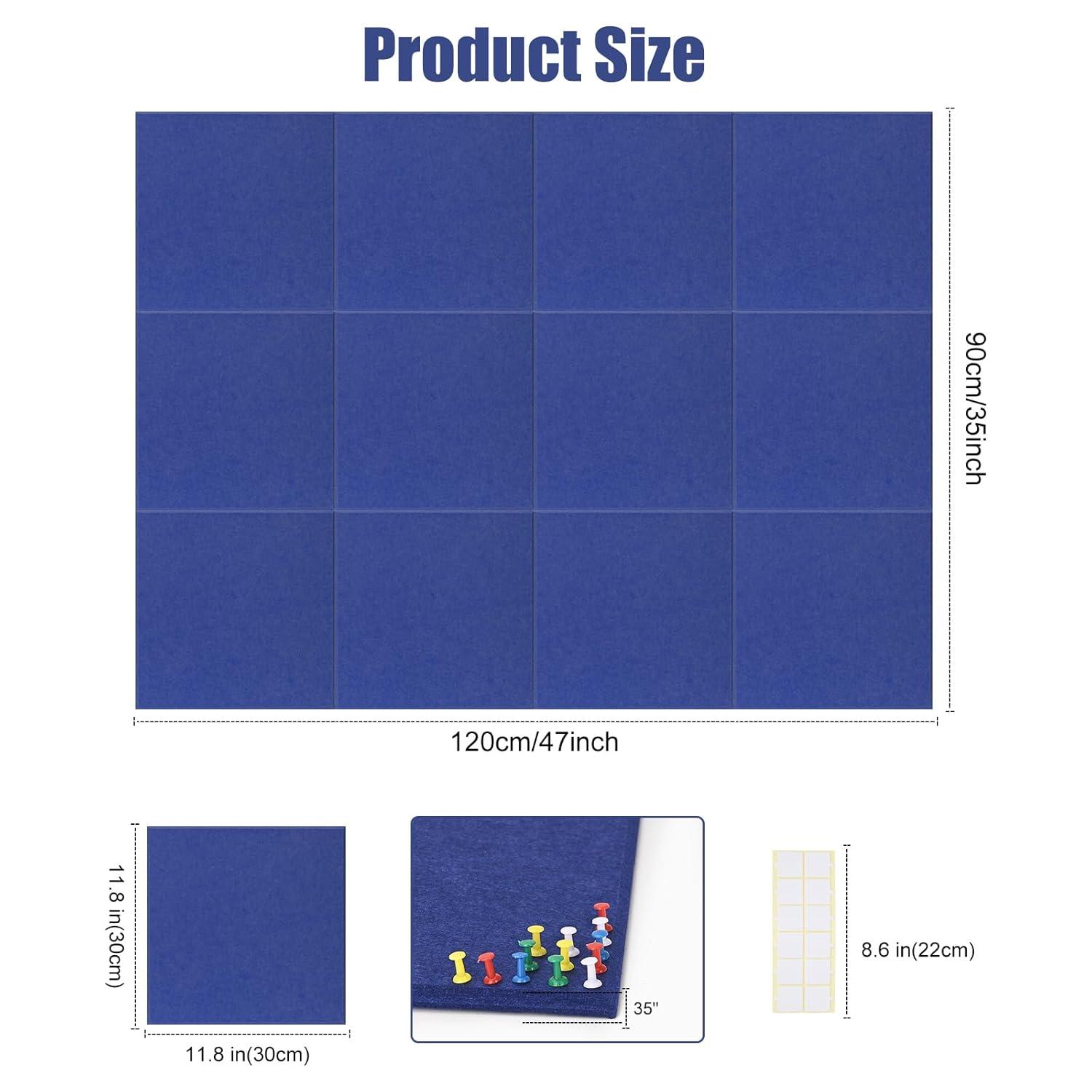 Large Cork Board Alternative 48" x 36", Black Bulletin Board, 12 Pack Felt Wall Tiles With 50 Pushpins, Pin Board Tack Board for Office (Dark Blue)