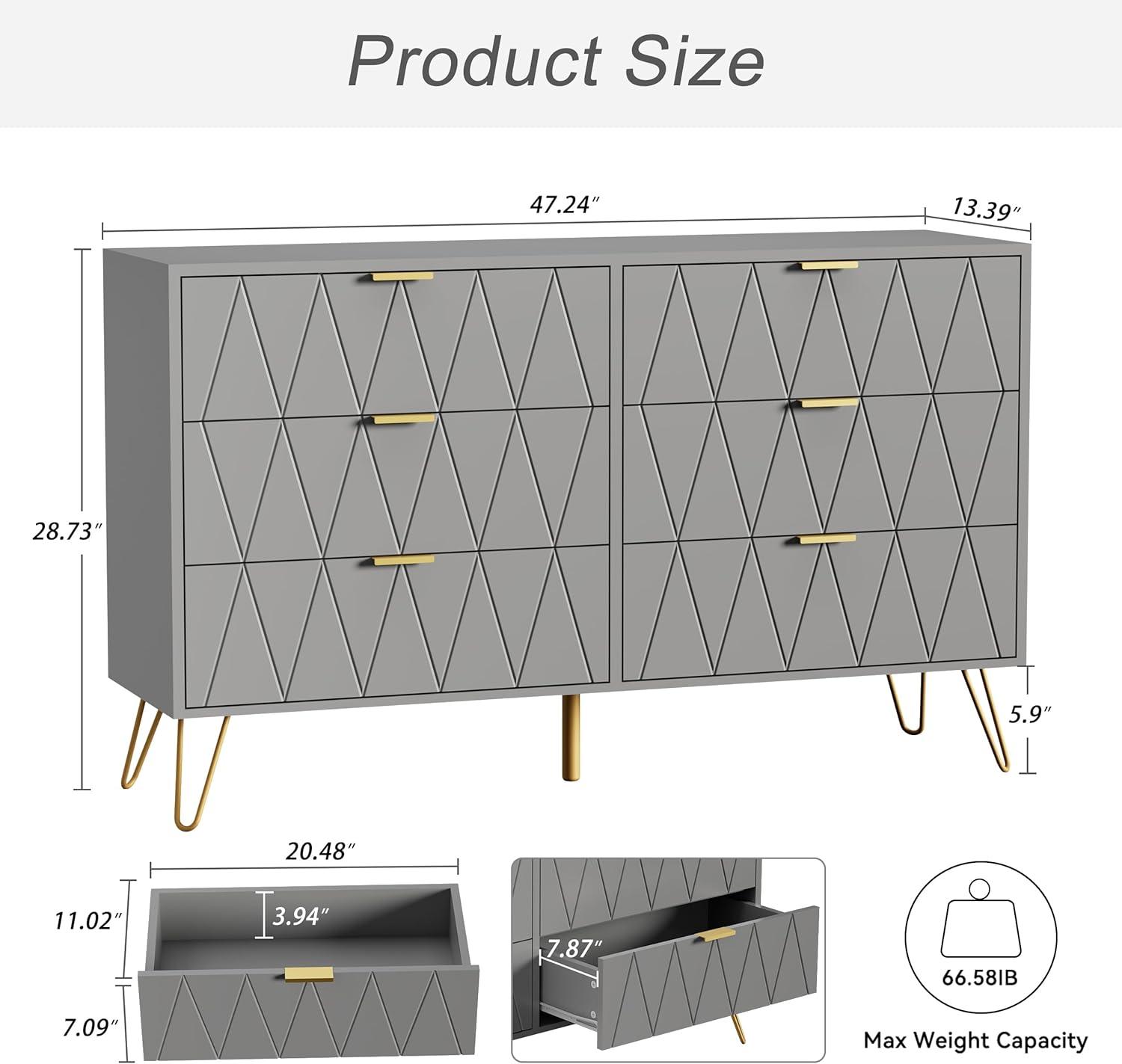 eclife 6 Drawer Dresser Drawer Chest Tall Storage Cabinet Organizer Unit Bedroom Living Room Large-Gray
