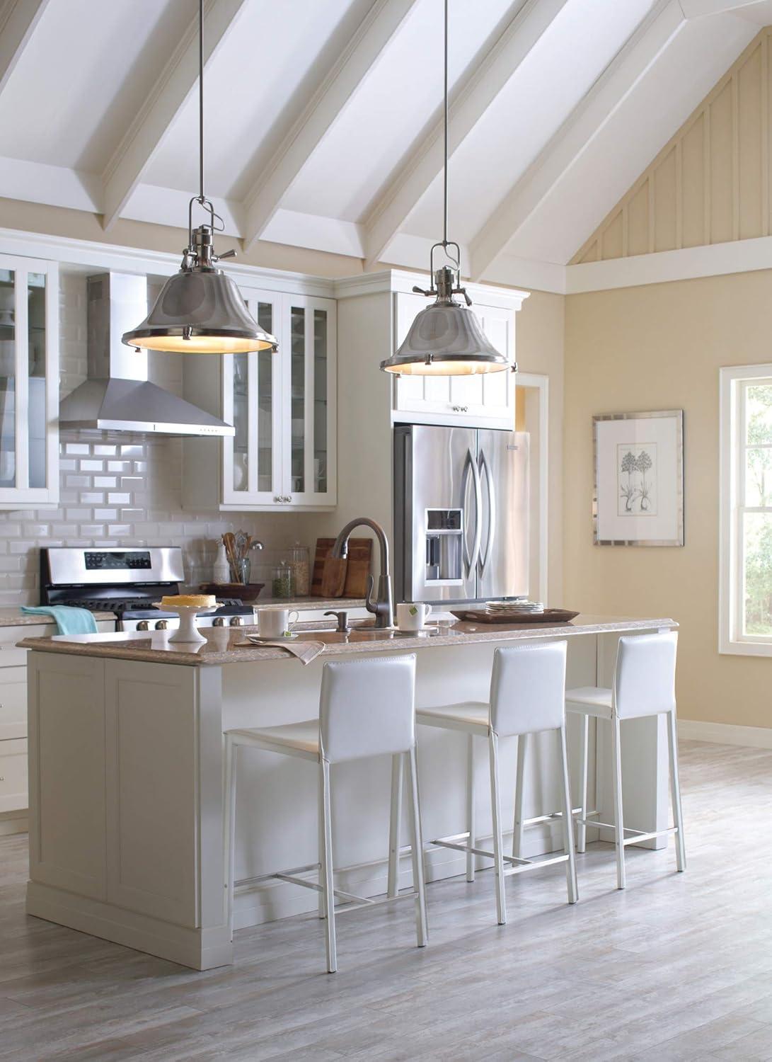Brushed Nickel Industrial Pendant Light with Satin Etched Glass Shade