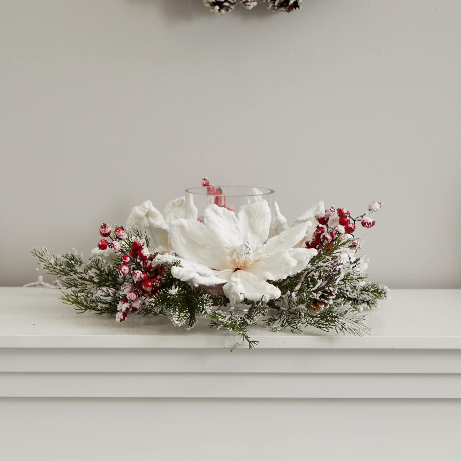 6.5" x 17" Artificial Frosted Magnolia and Berry Plant Arrangement Candelabrum - Nearly Natural: Christmas Decor Centerpiece