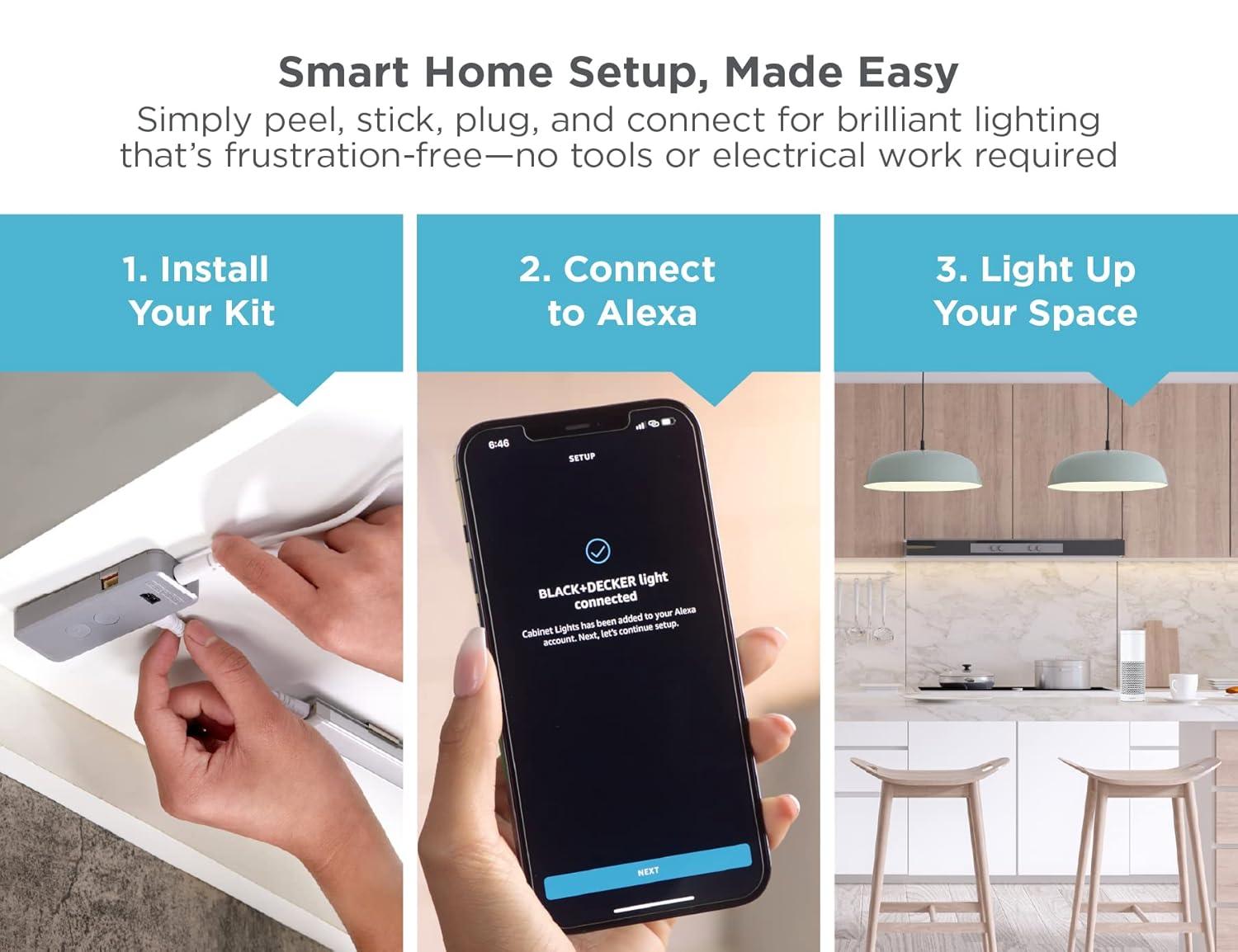 BLACK+DECKER Works with Alexa Smart Under Cabinet Lighting Kit, Adjustable LEDs, (4) 9" Bars - A Certified for Humans Device