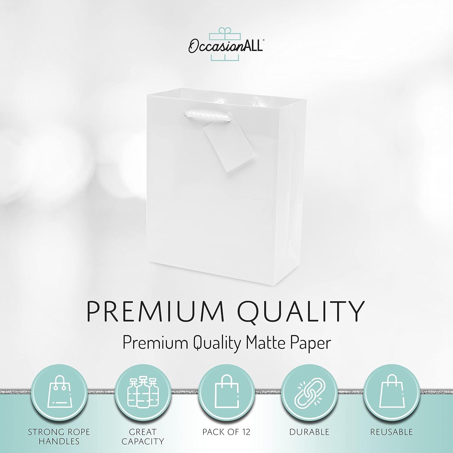 Glossy White Medium Paper Gift Bags with Handles, 12 Pack