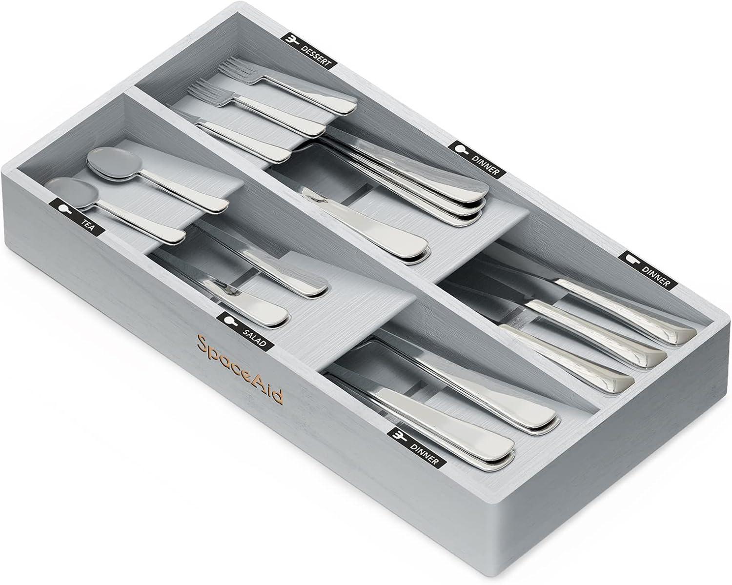 SpaceAid Bamboo Silverware Drawer Organizer with Labels (grey, 6 Slots)