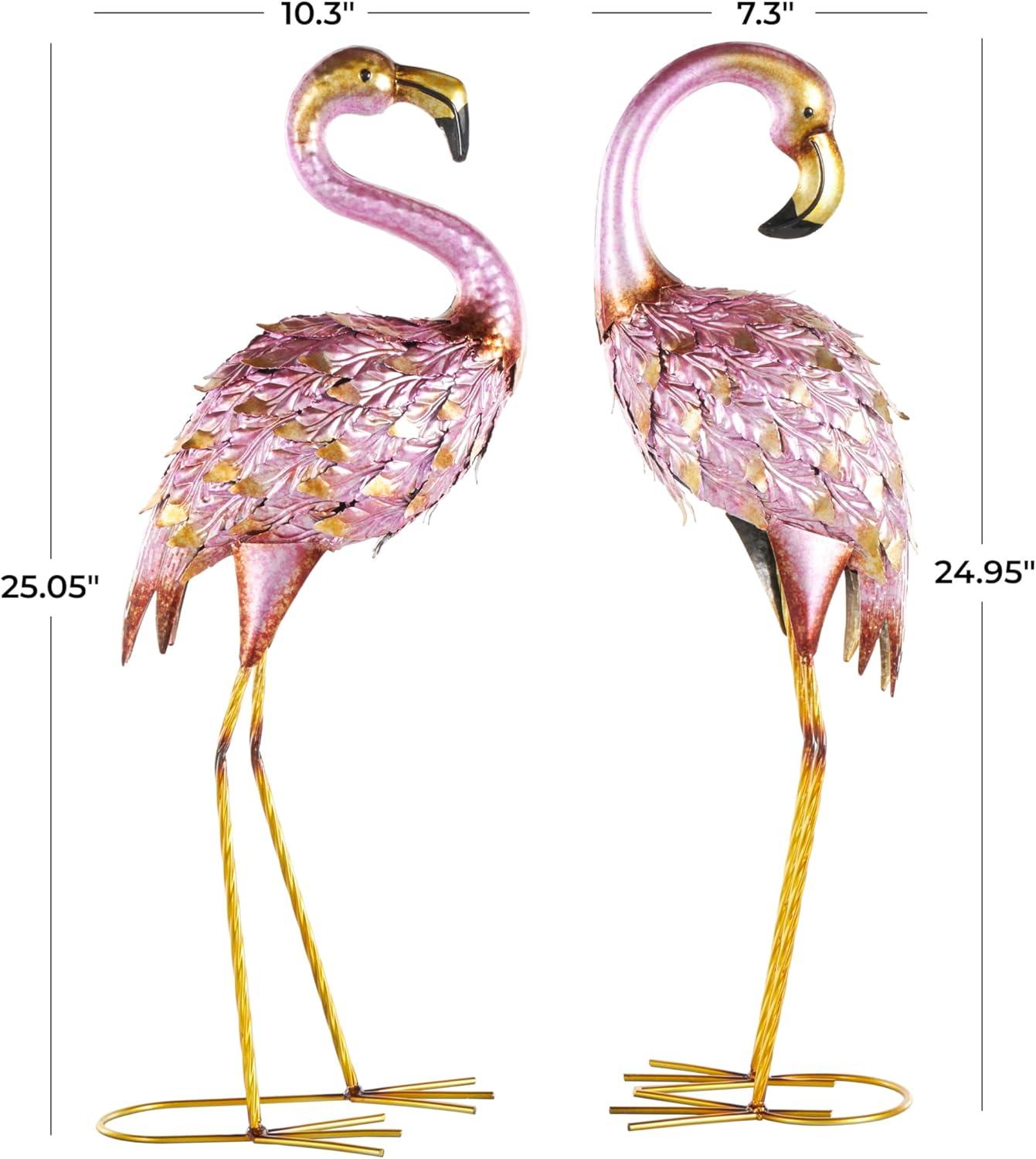 DecMode Coastal Outdoor Metal Standing Pink Flamingo Garden Sculpture, Set of 2 10"W x 38"H