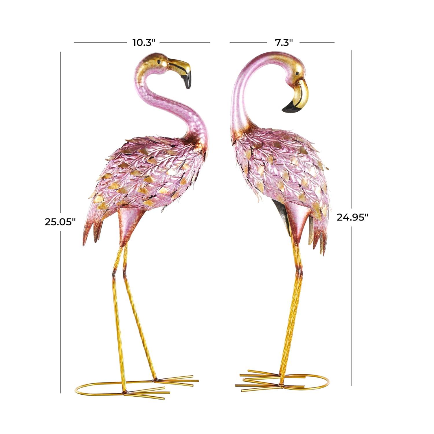 DecMode Coastal Outdoor Metal Standing Pink Flamingo Garden Sculpture, Set of 2 10"W x 38"H