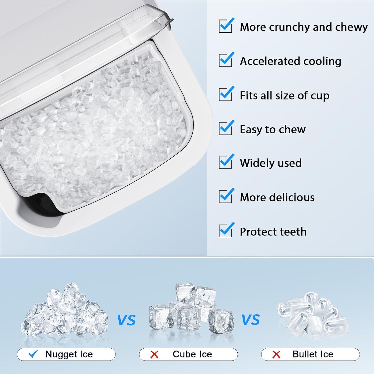 White Portable Countertop Nugget Ice Maker with Self-Cleaning