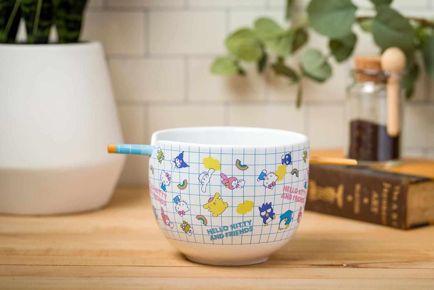 Silver Buffalo Hello Kitty and Friends Kuromi, Keroppi, Chococat, My Melody, Tuxedo Sam, Badtz-Maru, Tuxedo Sam, Pompompurin, Cinnamoroll Ceramic Ramen Noodle Rice Bowl with Chopsticks, 20 Ounces