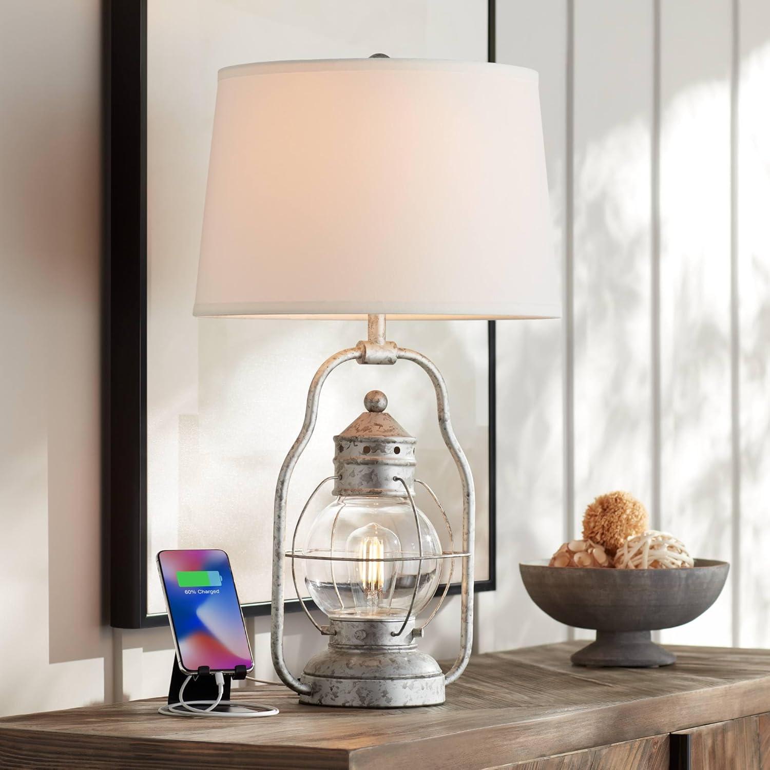 Distressed Silver Industrial Table Lamp with Off-White Fabric Shade
