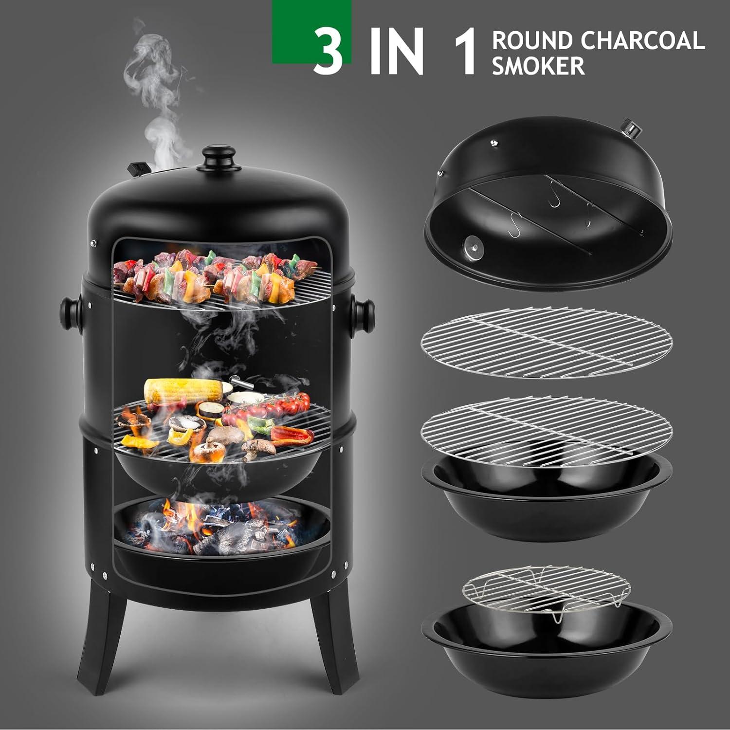 Yunwen 31.5" Charcoal Smoker Grill 3-in-1 Vertical Heavy Duty Charcoal BBQ Smoker Grill