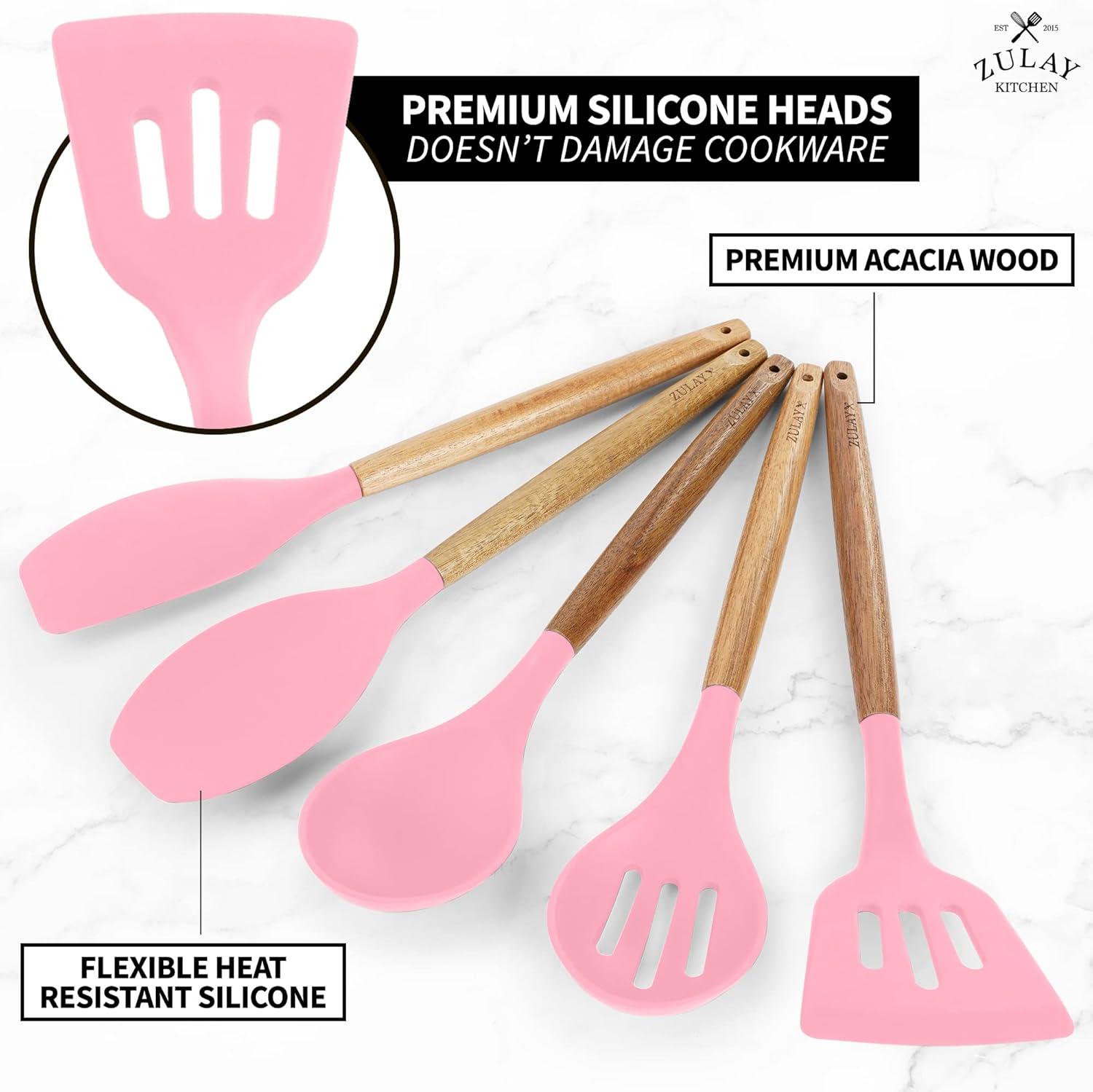 Zulay Kitchen Non-Stick Silicone Utensils Set with Acacia Wood Handles 5 Piece Silicone - Pink