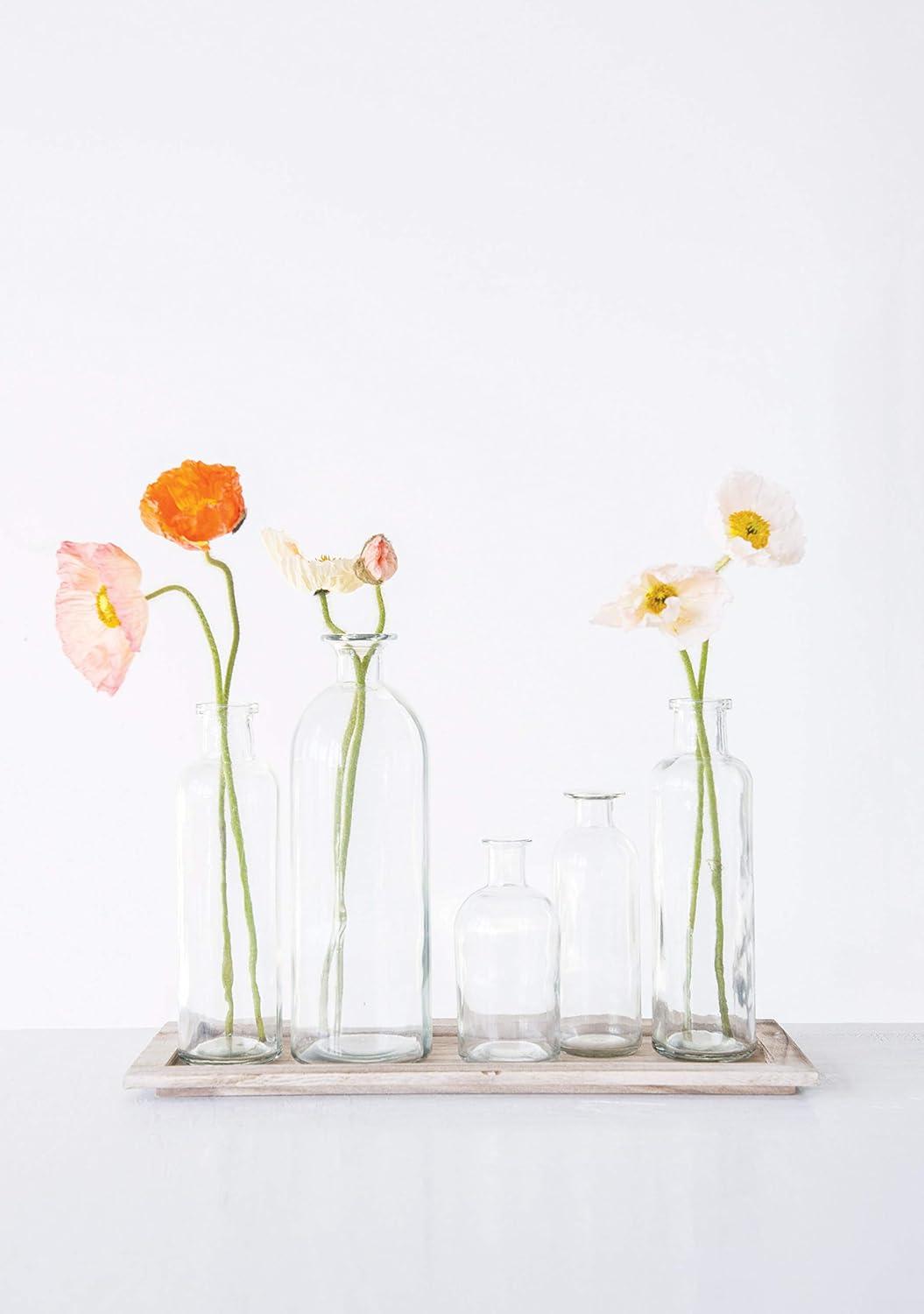 Creative Co-Op Set of 5 Vintage Bottle Vases on Wood Tray, Clear and Natural, Set of 6