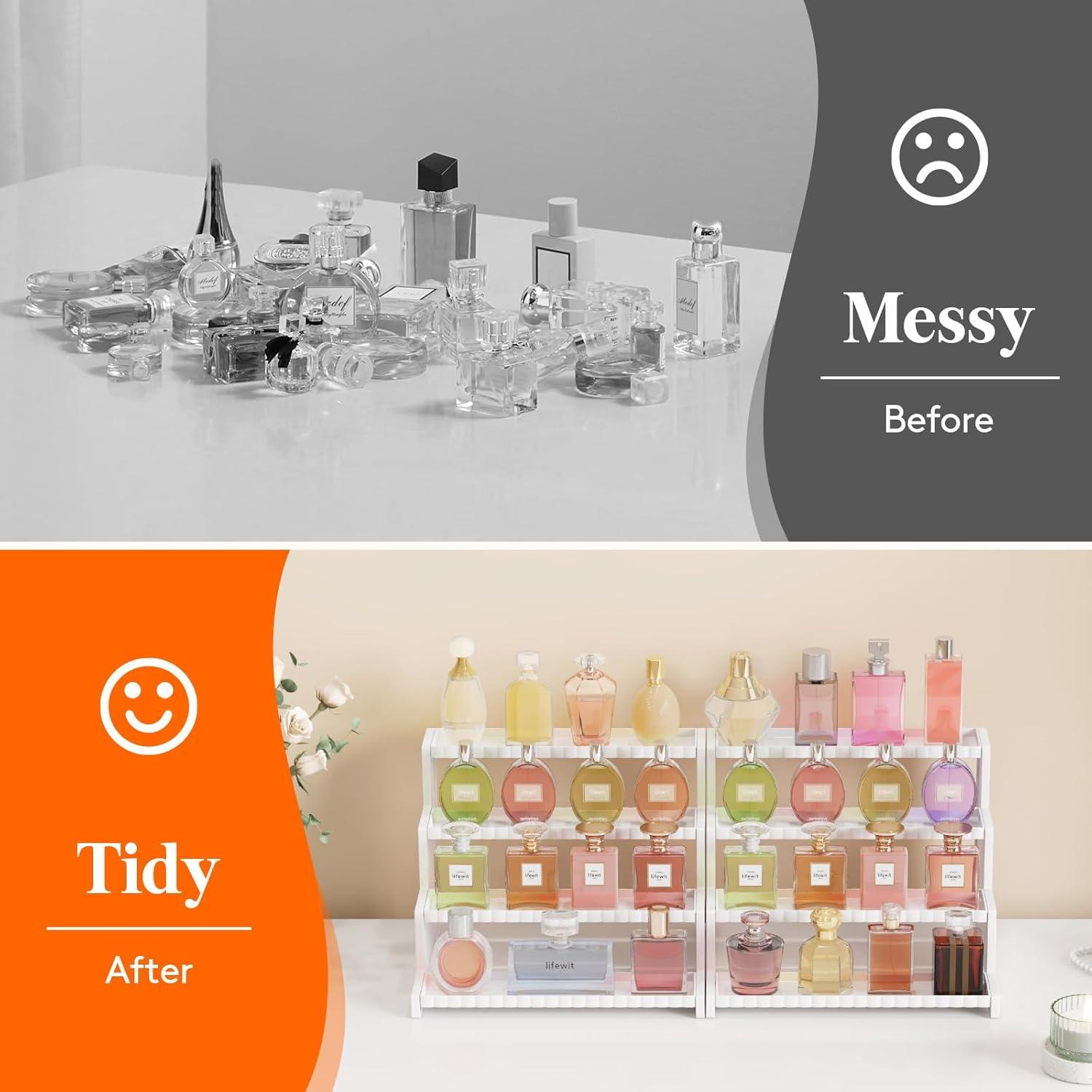 Lifewit 4 Tier Clear Display Risers Stand With Decorative Fences, Plastic 12 Inch Perfume Organizer, Display For Figures, Cupcake, Dessert, Desktop Stand For Organization And Decor, 1 Pack