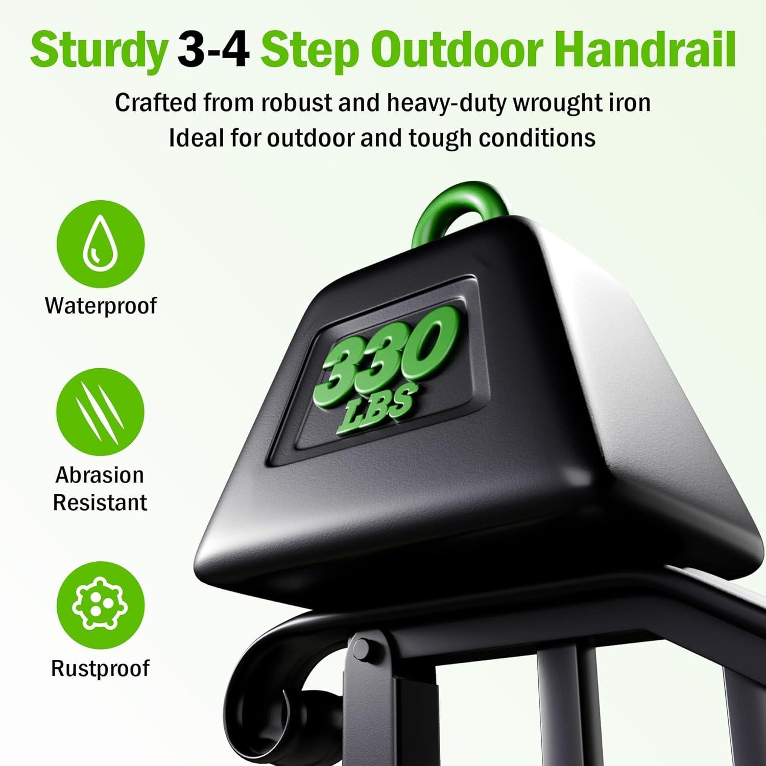 HLL Handrails for Outdoor Steps, Black Wrought Iron Handrail Fits 4 or 5 Steps, Transitional Handrail with Installation Kit, Stair Railing for Concrete Steps or Wooden Stairs