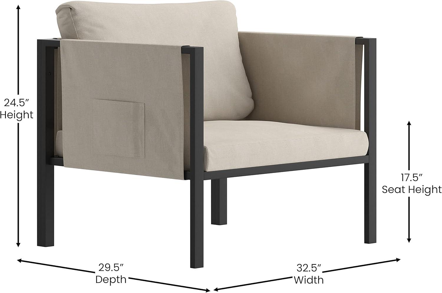 Flash Furniture Lea Indoor/Outdoor Patio Chair with Cushions - Modern Steel Framed Chair with Storage Pockets, Black with Beige Cushions