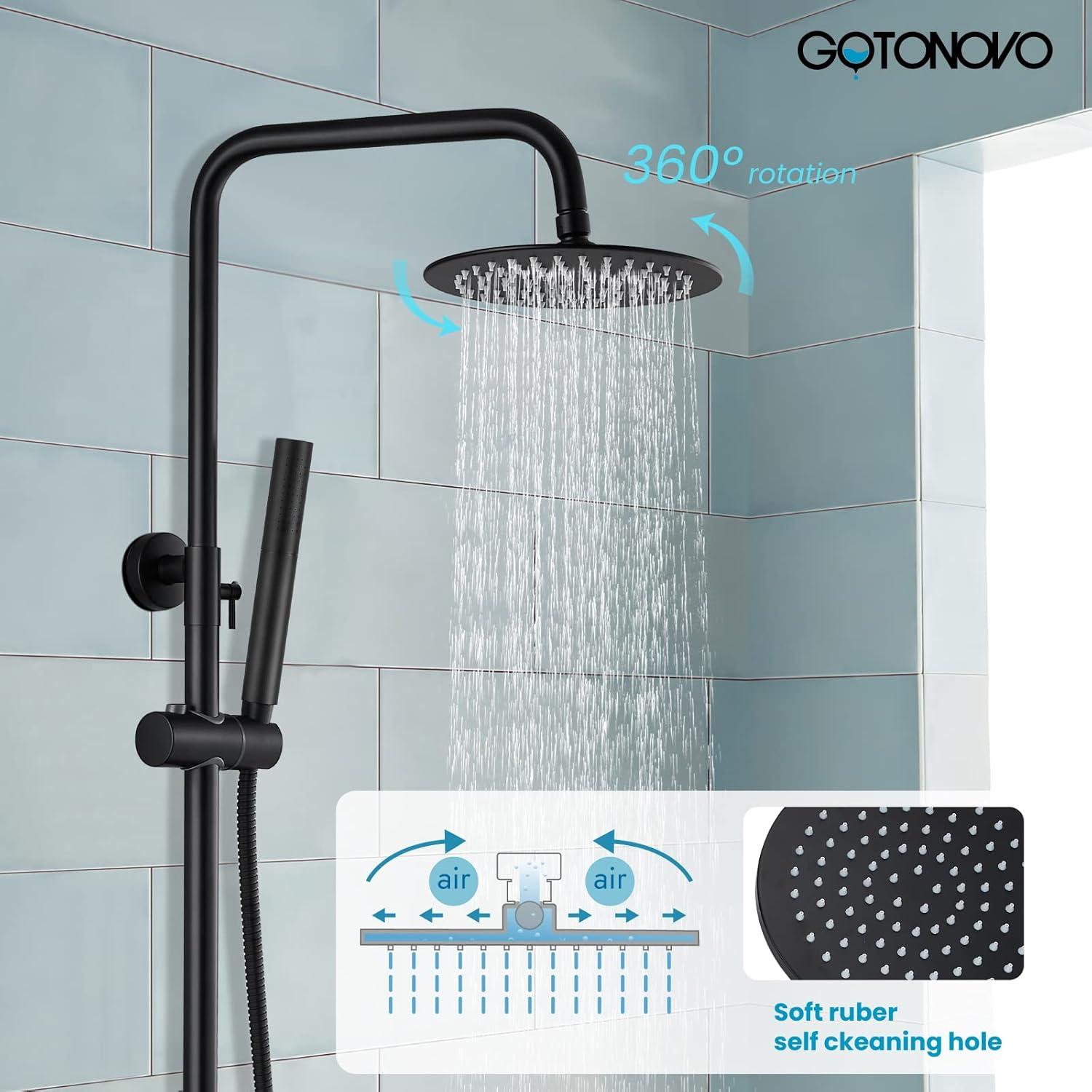 gotonovo Matte Black Outdoor Shower Fixture Rainfall Single Handle Shower System Set High Pressure Wall Mount 2 Dual Function 8 Inch Shower Head and Handheld Spray SUS304 Shower Faucet Combo