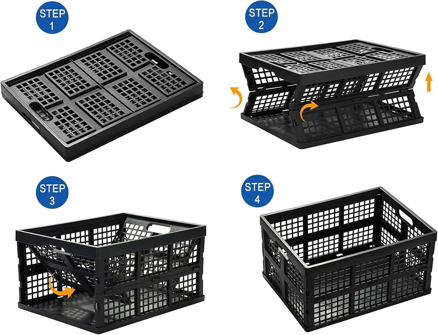 Eslite 34L Large Plastic Folding Storage Crates,Collapsible Crates for Storage,Pack of 3 (Black)