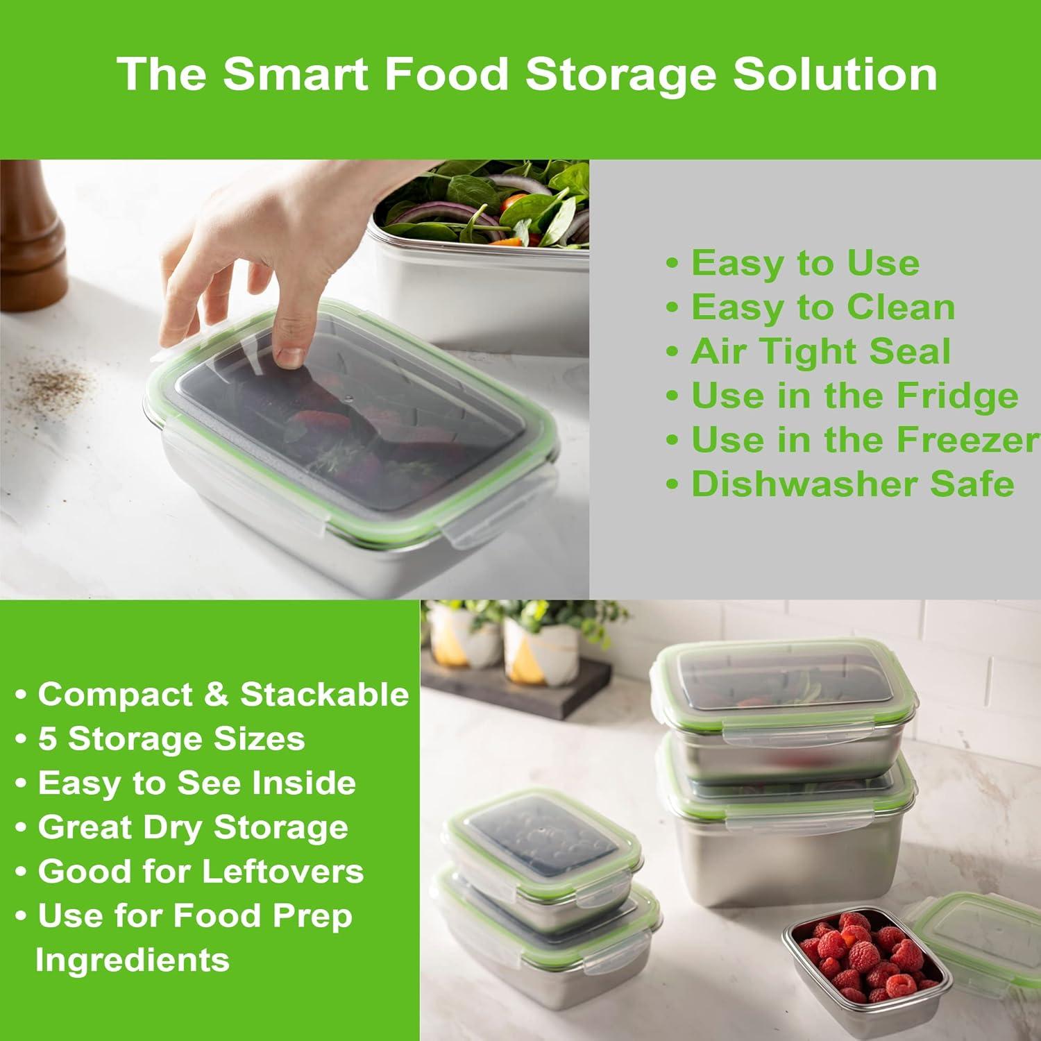 Stainless Steel Food Storage Containers - Set of 5 | Leak Proof & Airtight Lids | BPA Free | Dishwasher & Freezer Safe