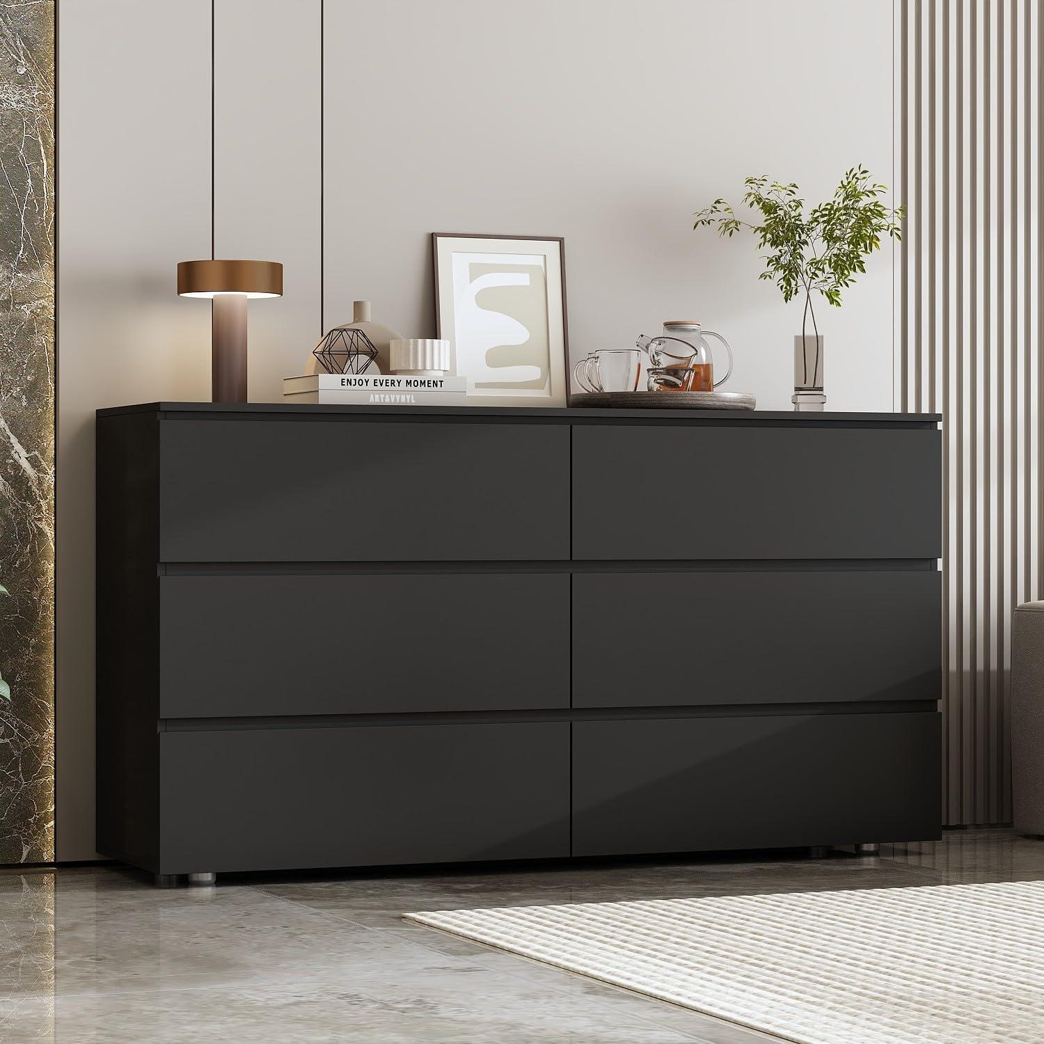 FAMAPY Chest of Drawers Dresser No Handles, 6 Drawer Dresser with Wide Storage, Modern Contemporary 6-Drawer Chest, for Bedroom Black (59”W x 15.7”D x 32.3”H)