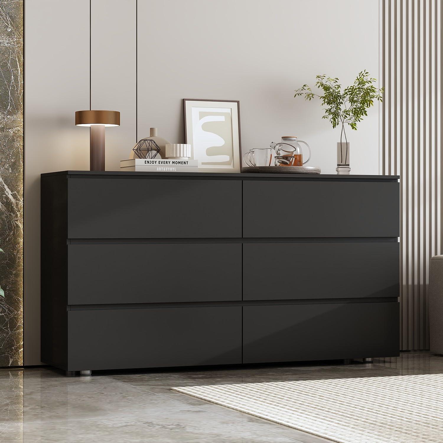 FAMAPY Chest of Drawers Dresser No Handles, 6 Drawer Dresser with Wide Storage, Modern Contemporary 6-Drawer Chest, for Bedroom Black (59”W x 15.7”D x 32.3”H)