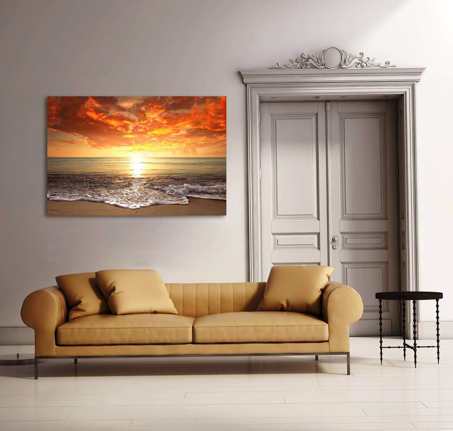 Sunset Ocean Beach Landscape Canvas Print in Orange and Yellow