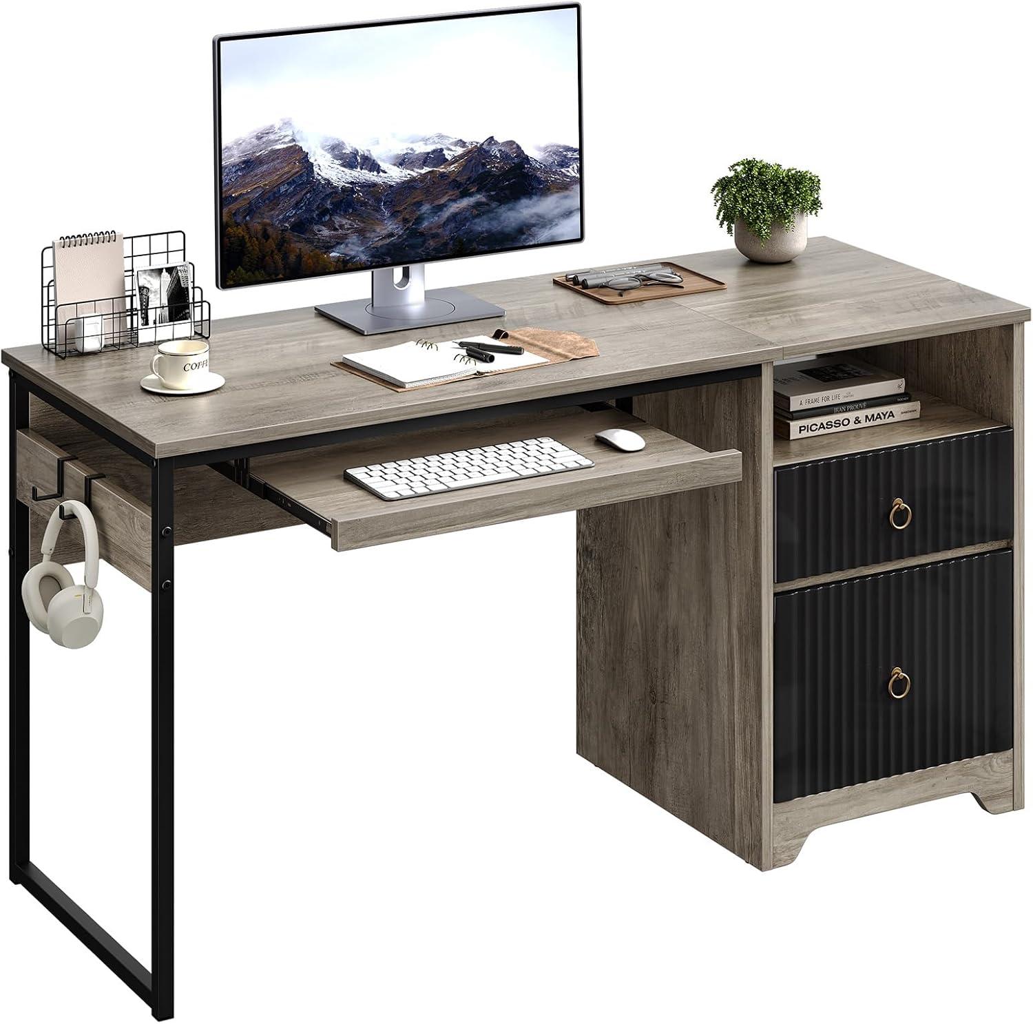 Bestier 55 inch Computer Desk with Drawers & Keyboard Tray & File Cabinet Home Office Desk in Grey