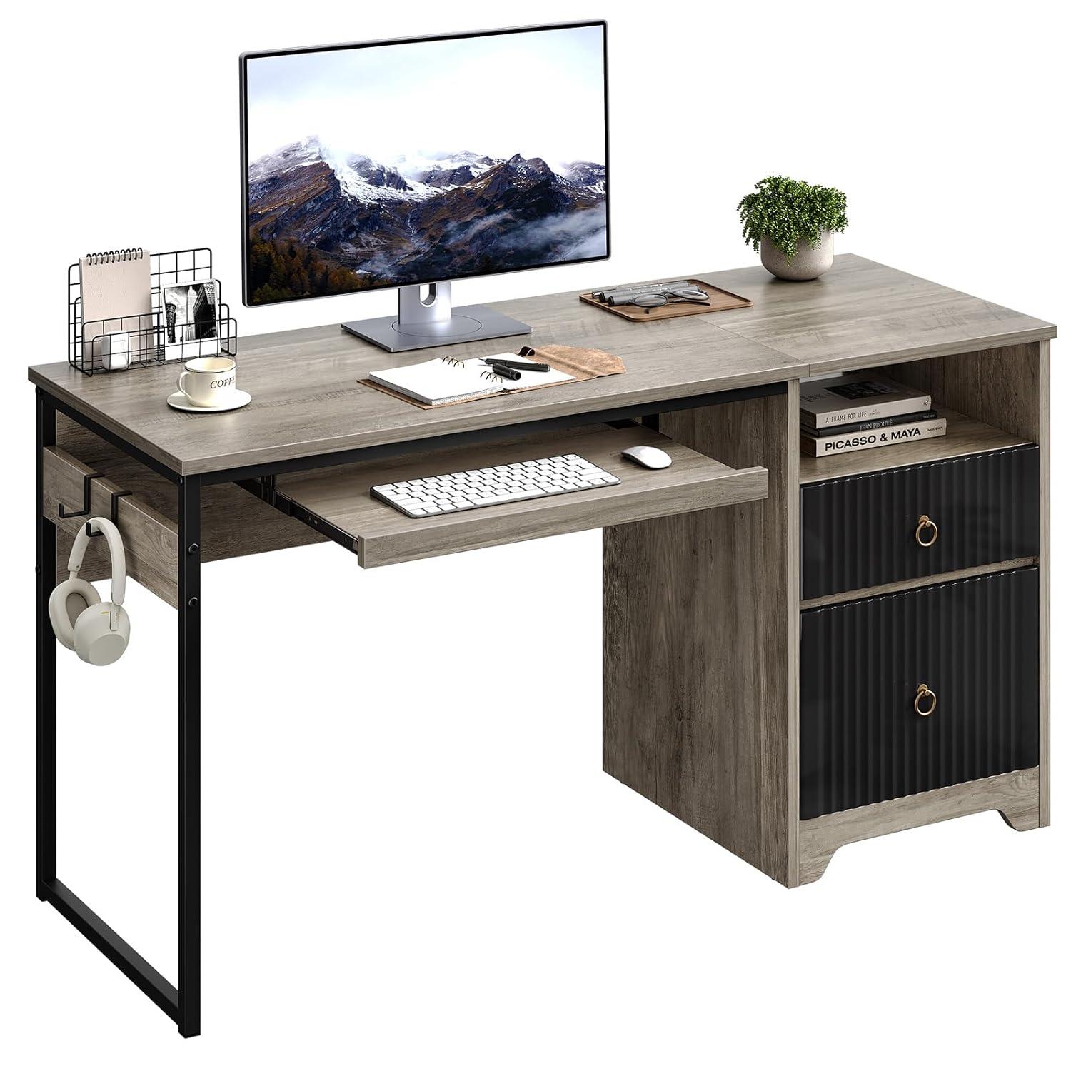 Bestier 55 inch Computer Desk with Drawers & Keyboard Tray & File Cabinet Home Office Desk in Grey