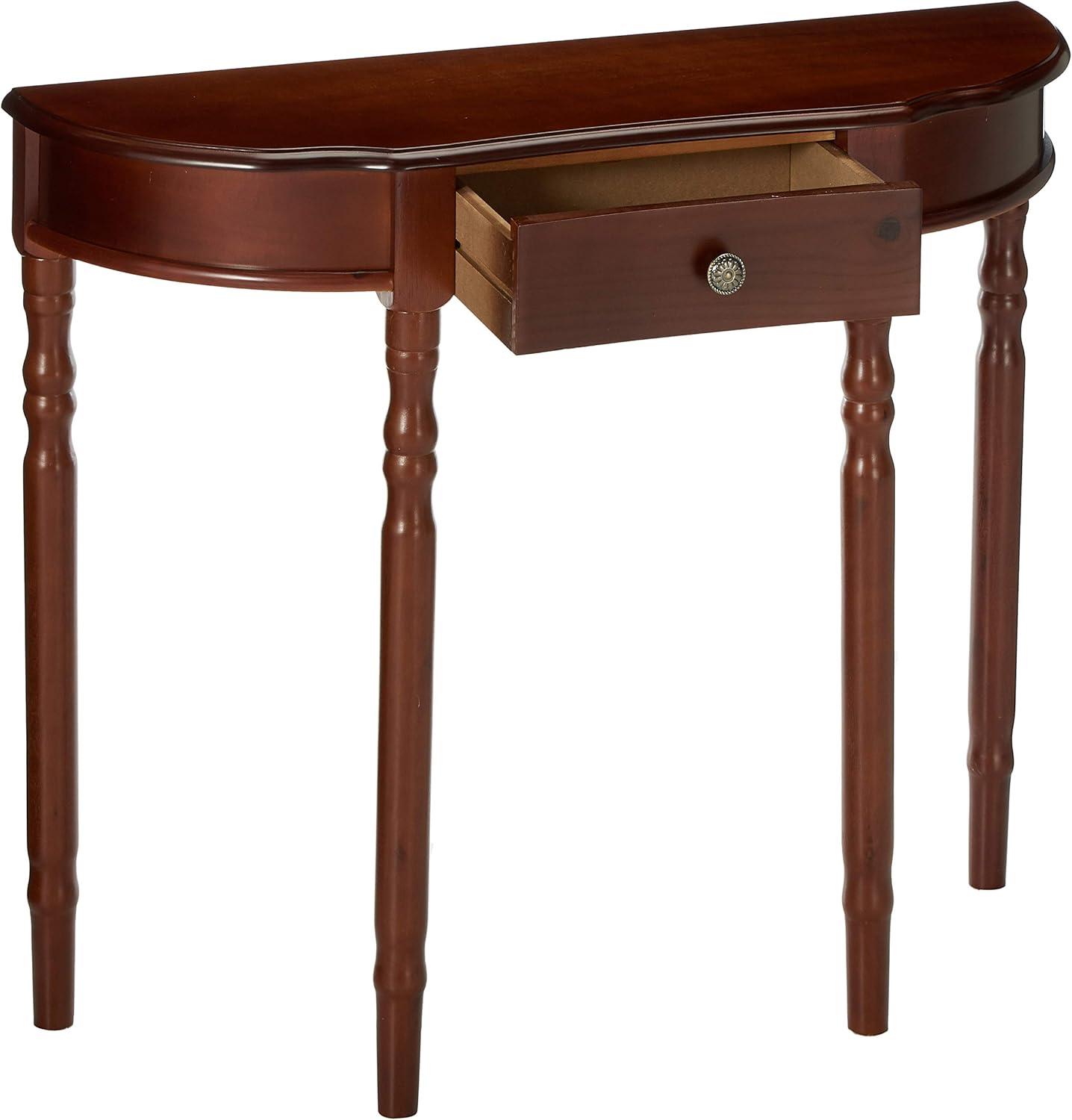 Dark Cherry Wood Half-Moon Console Table with Storage Drawer