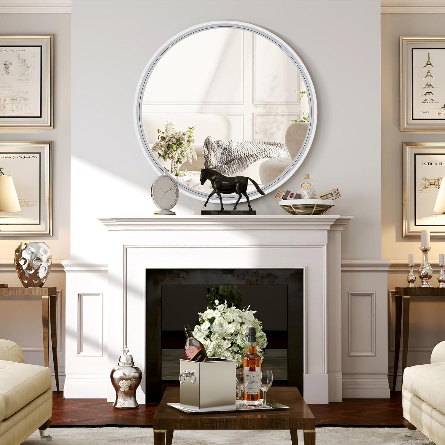 Walnut Round Pine Wood Mirror, 32" Diameter