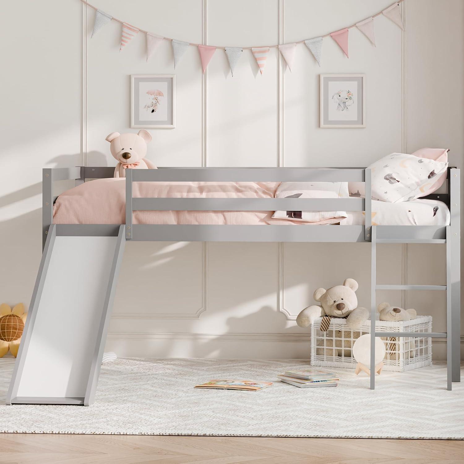 Harper & Bright Designs Kids Loft Bed with Slide,Twin Size Low Loft Beds for Girls Boys Solid Pine Wood Toddler Loft Bed with Ladder and Guard Rails,White