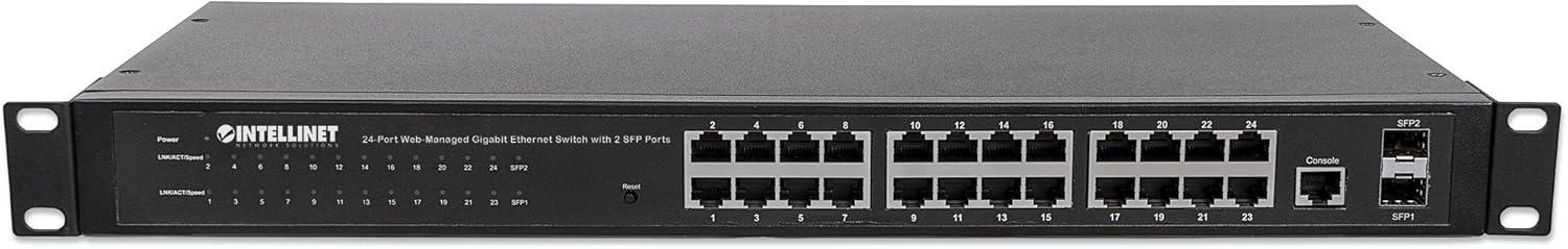 Intellinet 24-Port Web-Managed Gigabit Ethernet Switch with 2 SFP Ports | Fanless | VLAN, SNMP, 802.1X | NDAA