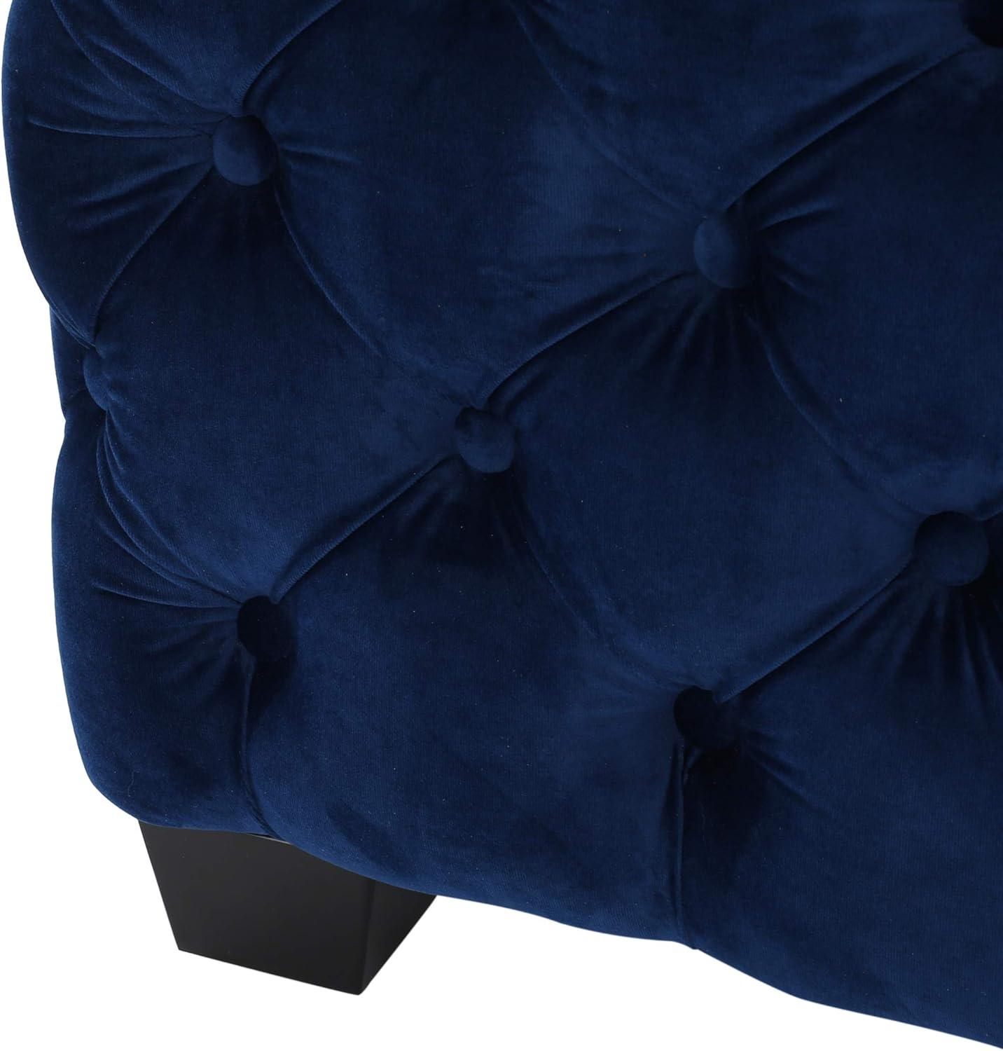 Thaurin Modern Glam Button Tufted Velvet Ottoman, Navy Blue and Dark Brown