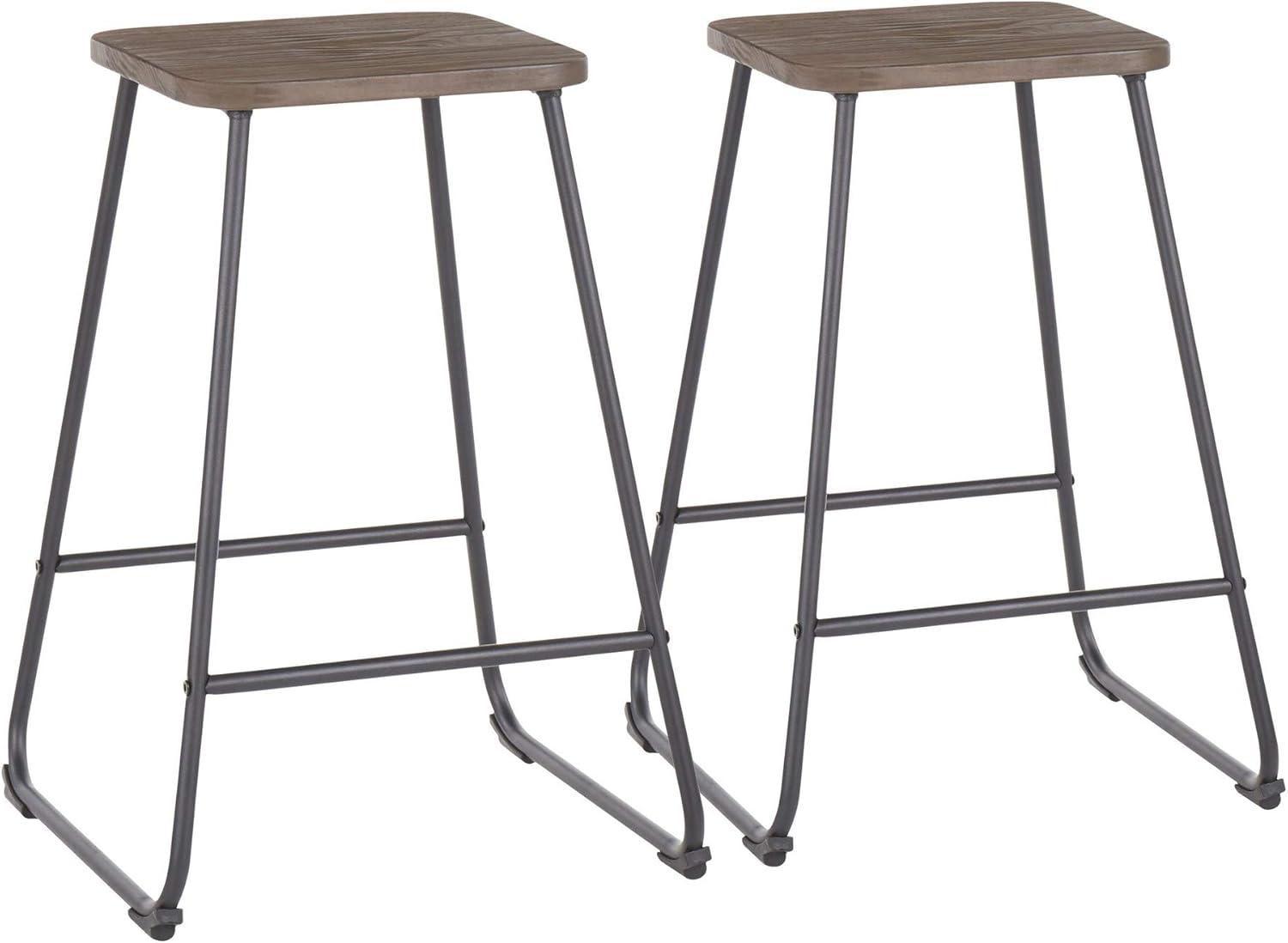 LumiSource Set of 2 Zac Industrial Counter Height Barstools Espresso: Metal Frame, Square Seat, Fixed 24" Height