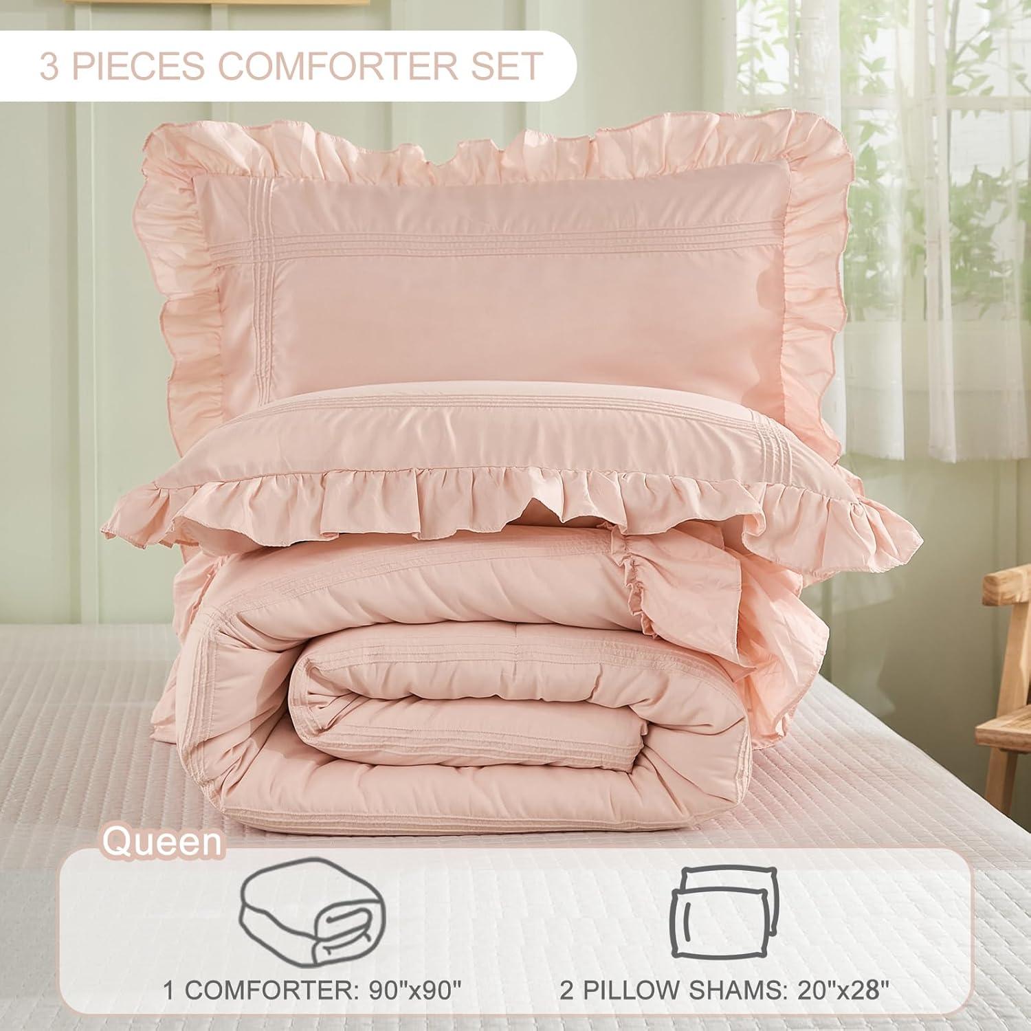 HOMERRY Pink Ruffle Pattern Duvet Cover Queen Size, 3PCS Soft Microfiber Fabric Comforter Set, 90x90 in