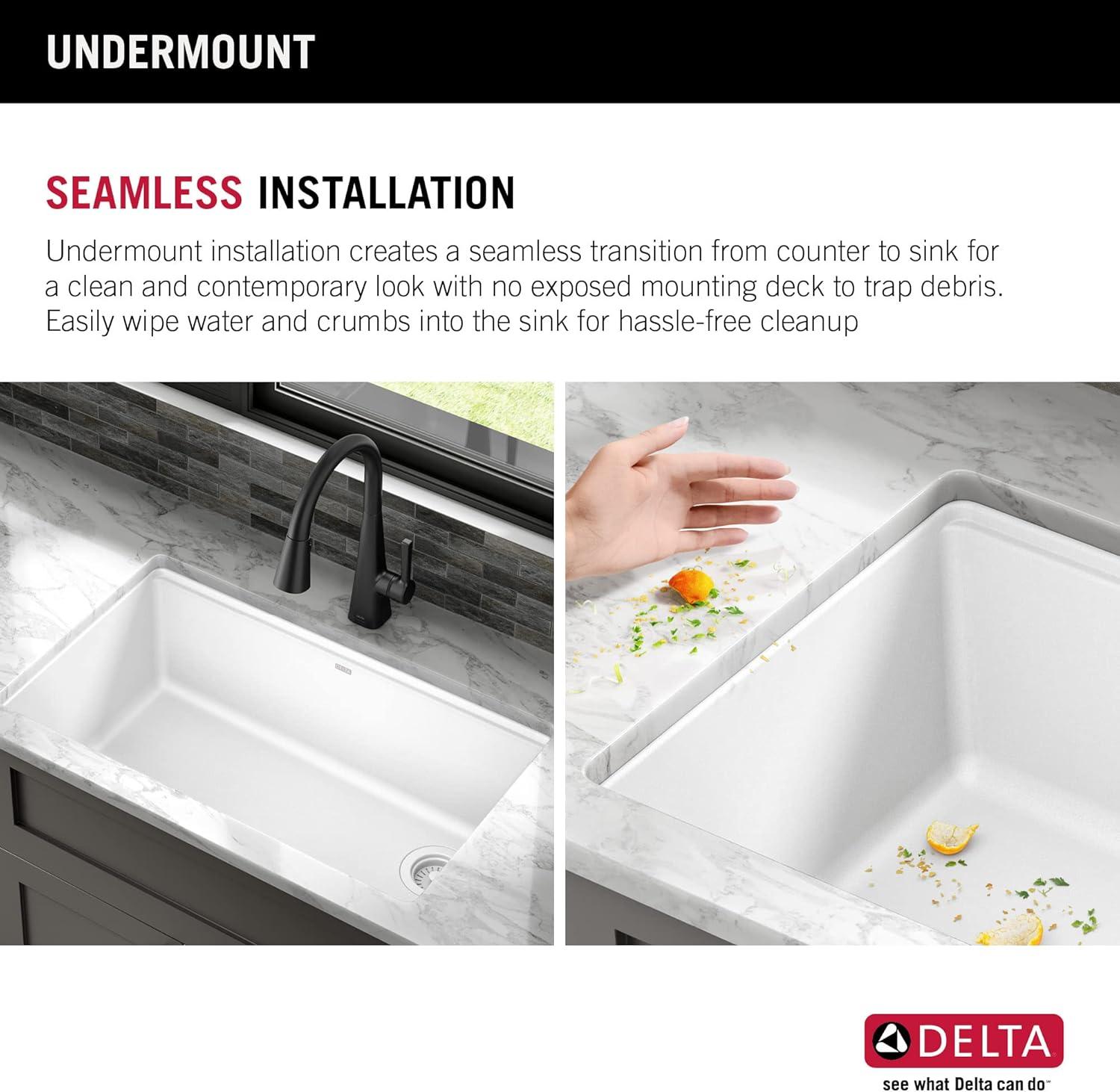 DELTA FAUCET Everest 30-inch Granite Composite Workstation Kitchen Sink Undermount Single Bowl with WorkFlow Ledge and Accessories in White, 75B933-30S-WH