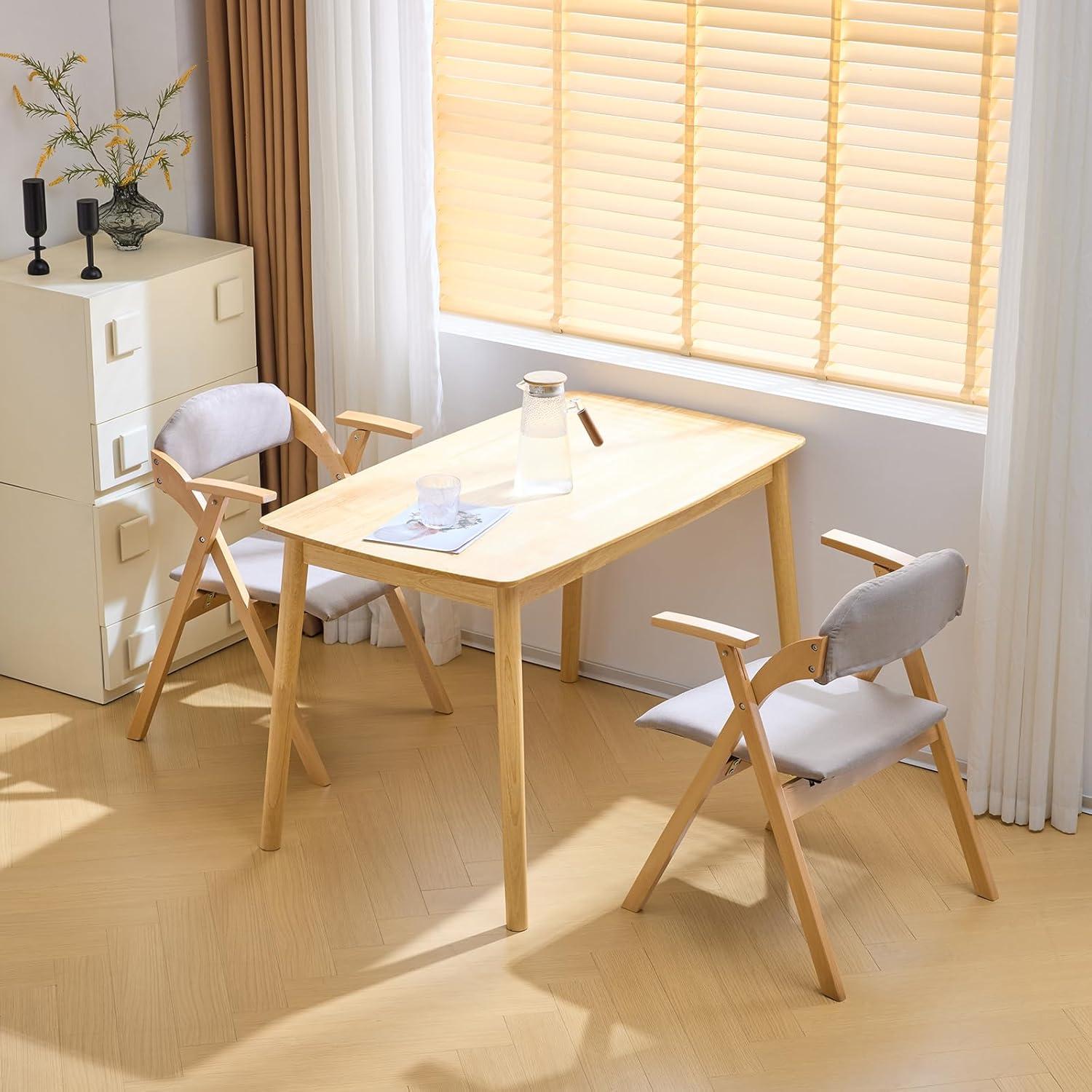 IVV Set of 2 Wooden Folding Chairs with Padded Seats and Backrests, Beechwood Frame Portable Chairs with Light Gray PU Leather Cushion