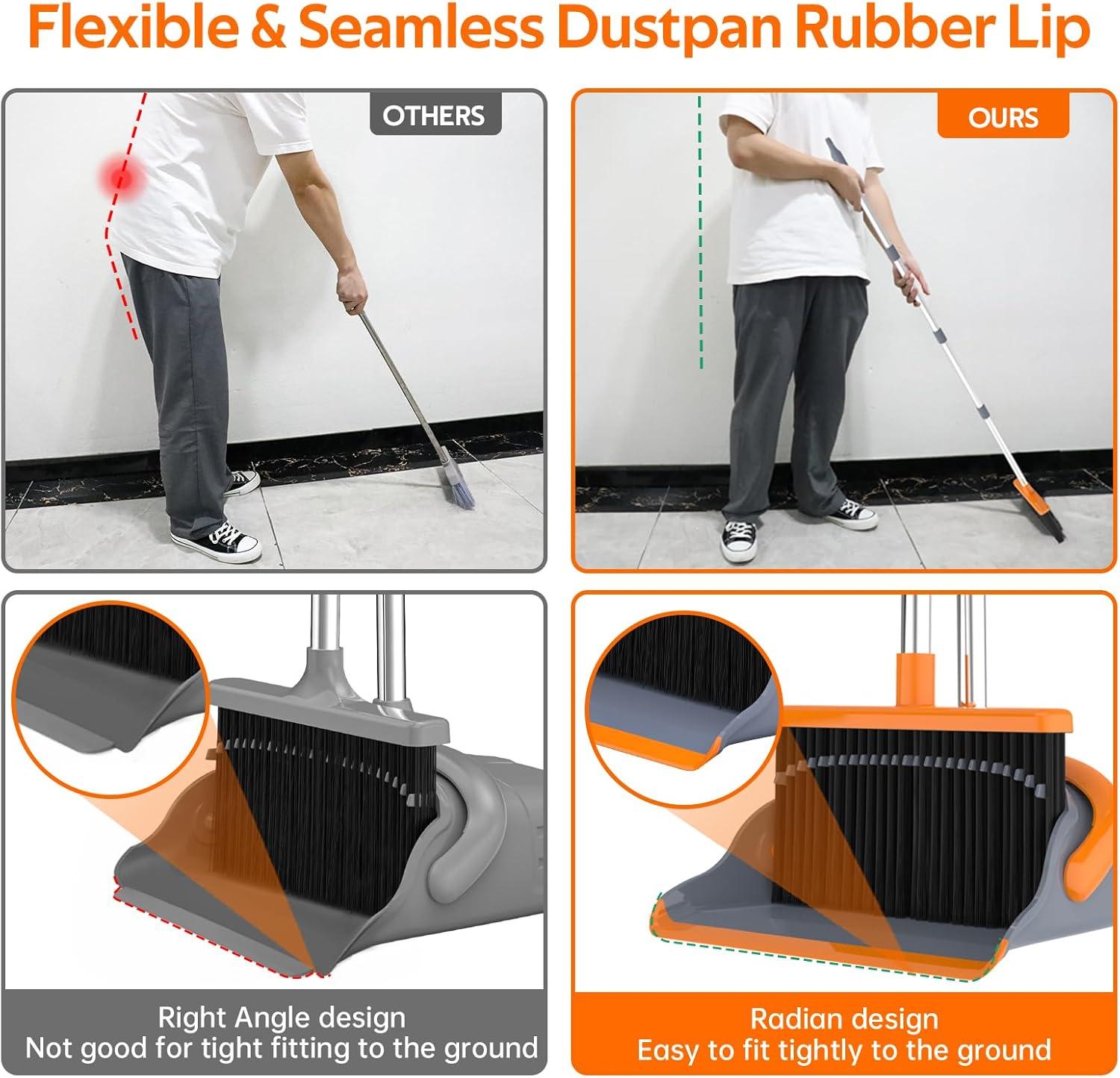 Broom and Dustpan Set for Home, Broom and Dustpan Combo for Office, Long Handle Broom with Upright Standing Dust pan,Indoor&Outdoor Sweeping (Gray&Orange)