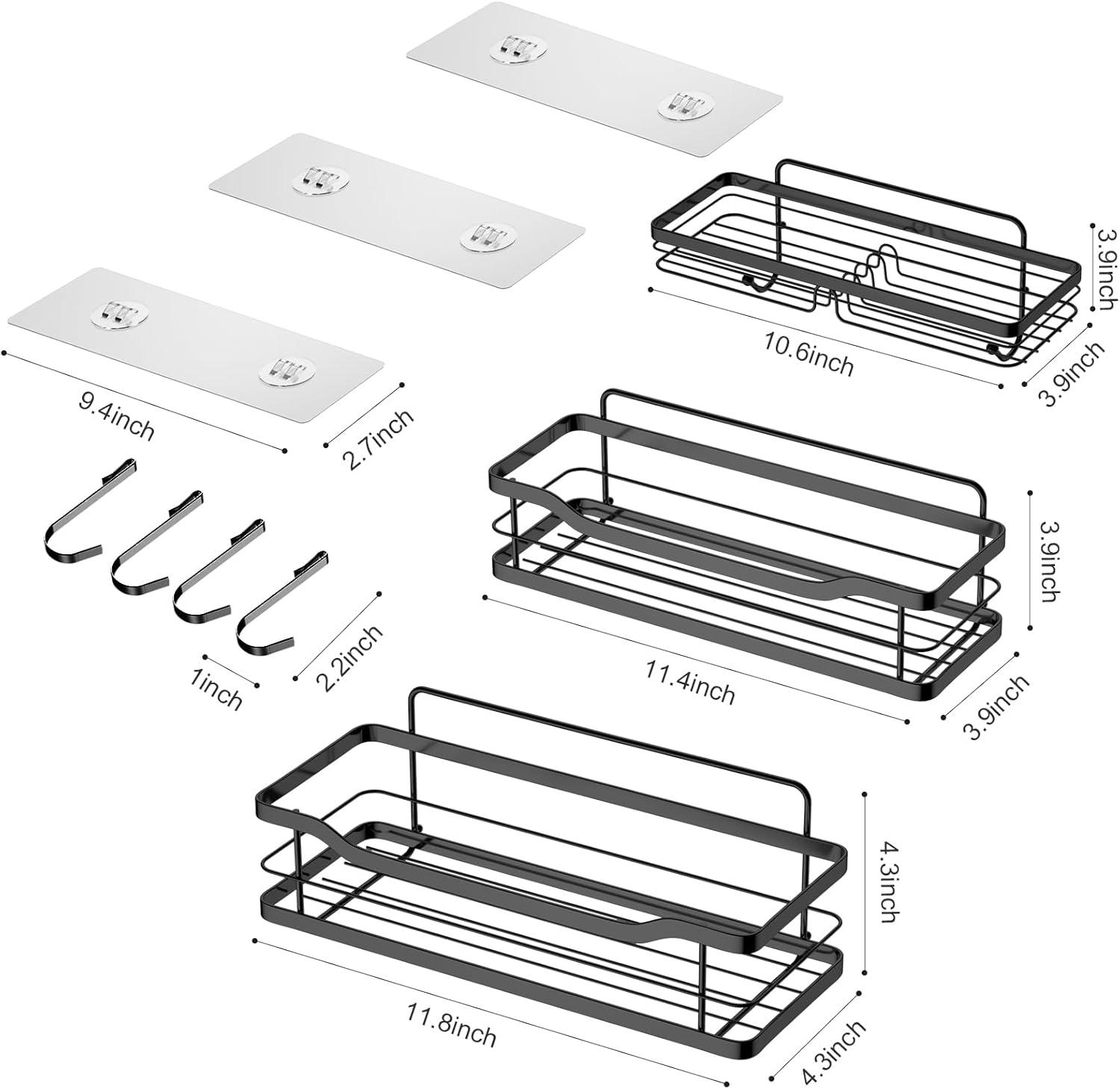 stusgo Shower Shelf Shower Wall Caddy Bathroom Shower Shelves with 4 Hooks Stainless Steel Adhesive Shower Organizers for Inside Shower, 3 Pack Black Shower Caddy