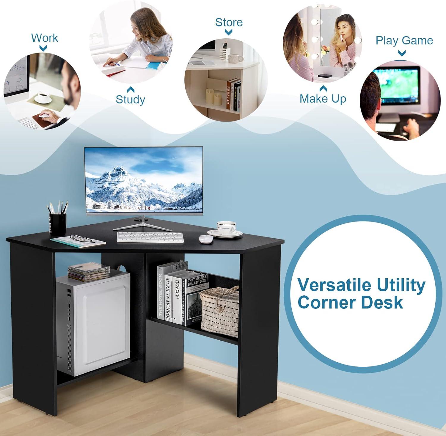 Costway Corner Computer Desk Triangle Writing Workstation w/ Storage Shelf Black